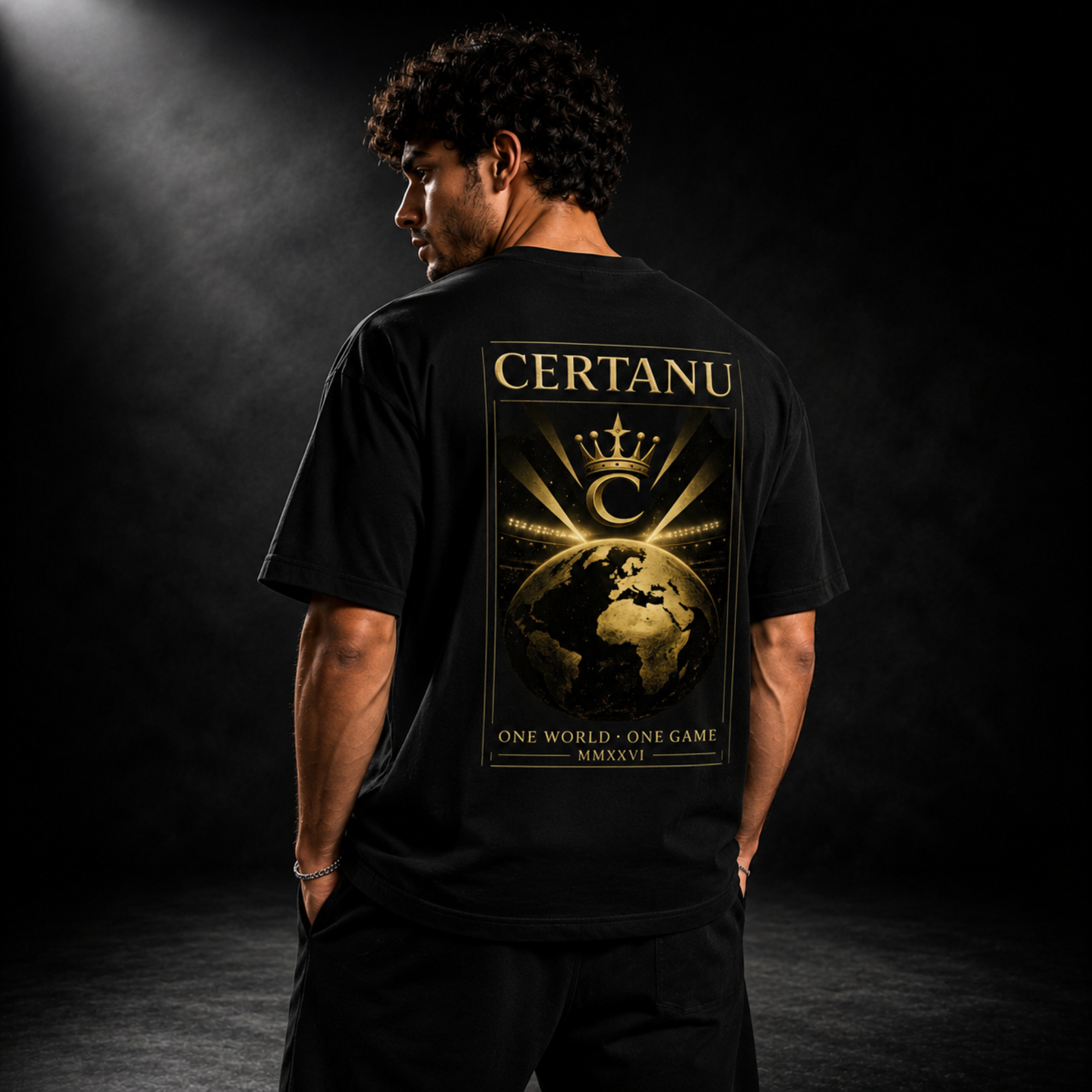 Junger Mann trägt ein schwarzes CERTANU Oversized Premium T-Shirt mit großem Rückenprint in Gold und Schwarz. Das exklusive Design zeigt eine Weltkugel, eine Krone und den Slogan „One World • One Game“. Luxuriöse Fußball Streetwear für Herren, hochwertiger Backprint, moderner Oversized Fit und eleganter Football-Lifestyle-Look. Premium Fanmode mit globalem Fußball-Motiv und edler Goldoptik.