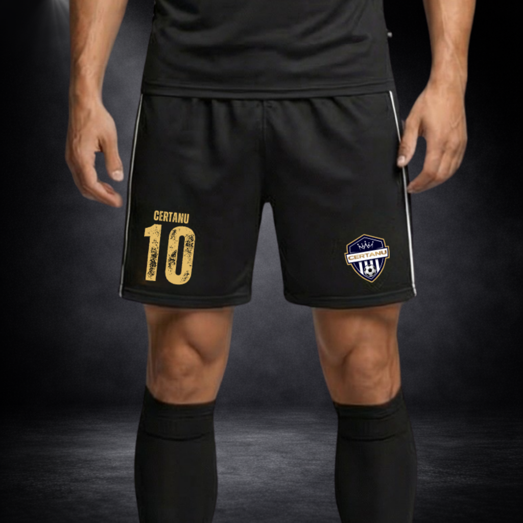 Detailaufnahme einer schwarzen CERTANU Fußballshorts mit goldener Nummer 10 und Logo, getragen von einem Spieler vor dunklem Hintergrund