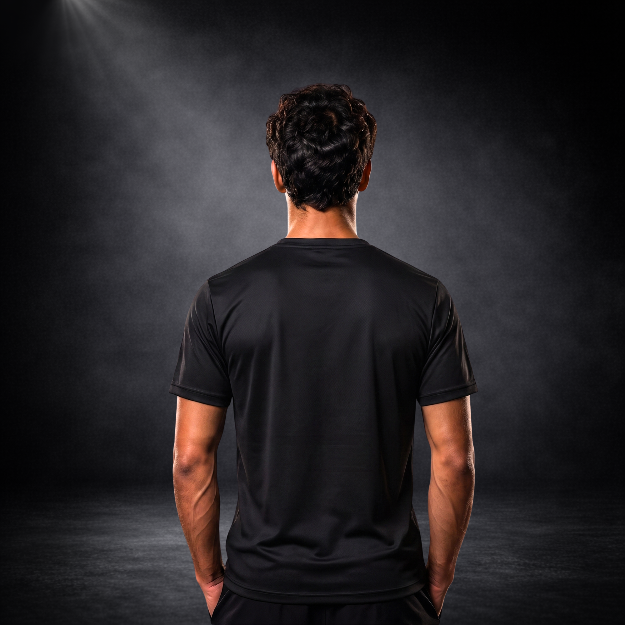 Rückansicht eines jungen männlichen Models im schlichten schwarzen CERTANU Premium Fußball-T-Shirt vor dunklem Studiohintergrund. Das T-Shirt besitzt eine komplett schwarze Rückseite ohne Aufdruck und überzeugt durch seinen sportlichen Schnitt, hochwertigen Funktionsstoff und ein minimalistisches Design. Ideal für Fußballfans, Training, Freizeit und einen modernen, cleanen Look.