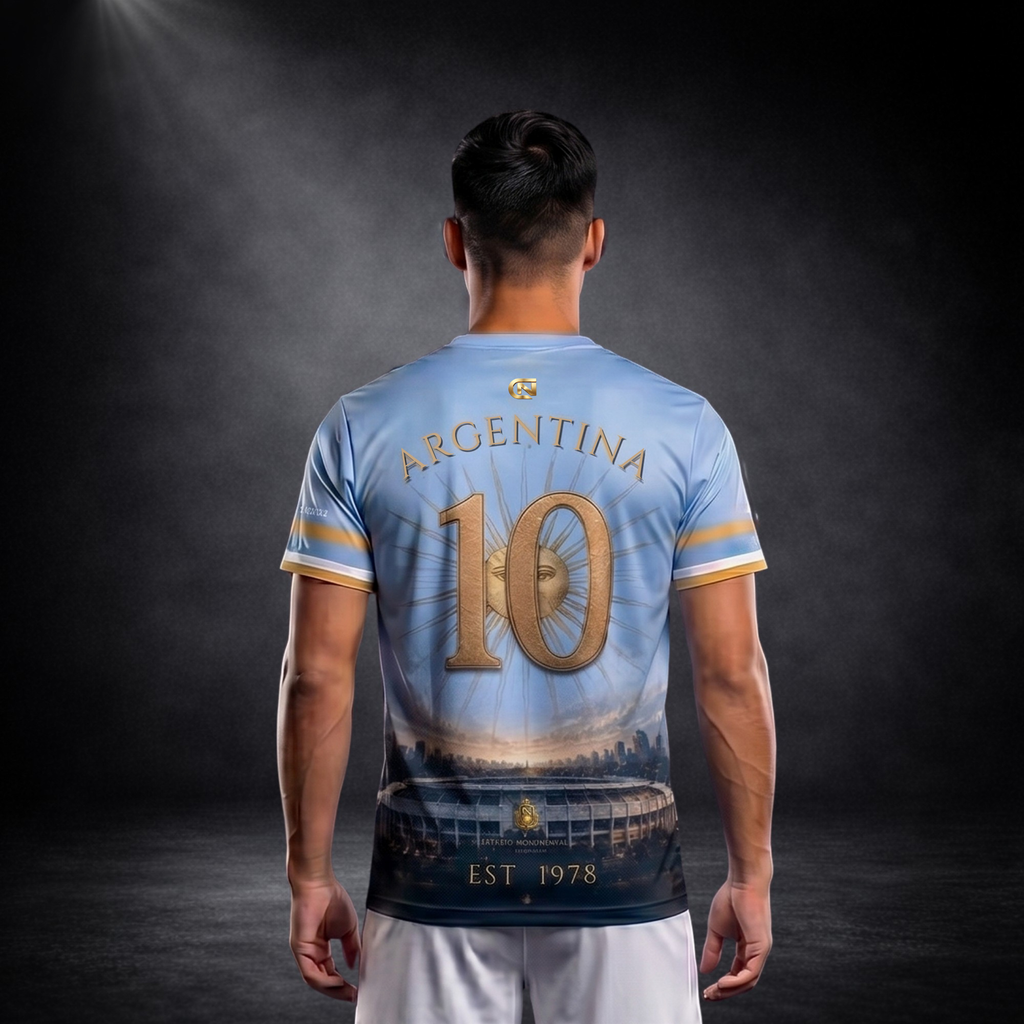 Rückansicht eines hellblauen Argentinien-Fanshirts von CERTANU an einem männlichen Model vor dunklem Studiohintergrund. Auf dem Rücken befindet sich eine große goldene Nummer 10 vor der ikonischen Sonne der argentinischen Flagge. Darüber steht der Schriftzug „ARGENTINA“ in eleganter Goldoptik. Im unteren Bereich sind das Estadio Monumental, die Skyline von Buenos Aires und die Jahreszahl „EST 1978“ als Erinnerung an den ersten Weltmeistertitel Argentiniens dargestellt. Himmelblaue und weiße Farbtöne mit gol