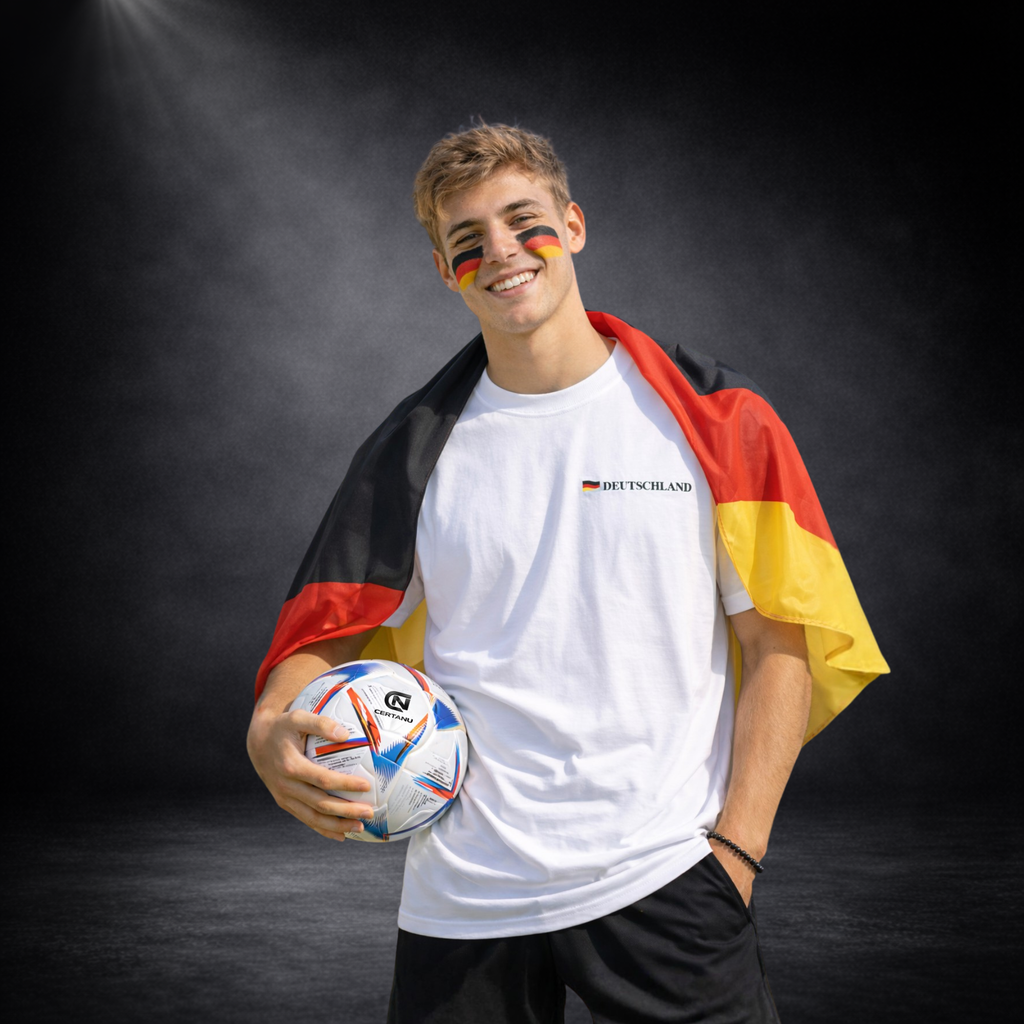 Junger Deutschland Fußball Fan mit weißem T-Shirt und Deutschland Logo, trägt deutsche Flagge über den Schultern und hält einen Fußball, WM 2026 Fan Outfit, Frontansicht auf dunklem Studio Hintergrund