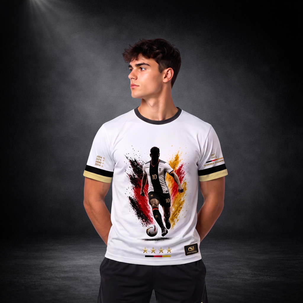 Junger männlicher Fußballfan trägt ein weißes CERTANU Deutschland Premium Fanshirt vor dunklem Studiohintergrund. Das Frontdesign zeigt einen dynamischen Fußballspieler mit der Rückennummer 10 beim Dribbling vor einem kraftvollen Farbsplash in Schwarz, Rot und Gold – den Farben der deutschen Flagge. Vier goldene Sterne stehen für die vier Weltmeistertitel Deutschlands. Gold-schwarze Ärmelabschlüsse, historische Weltmeisterjahre (1954, 1974, 1990, 2014) sowie dezente CERTANU-Details verleihen dem Shirt einen