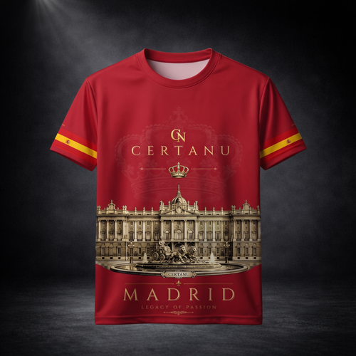 CERTANU Madrid Legacy Premium Fußballshirt in Bordeauxrot mit goldenen Details und spanischen Flaggenstreifen an den Ärmeln vor dunklem Studiohintergrund. Das exklusive Design zeigt das CERTANU-Logo, eine goldene Krone sowie den Königspalast von Madrid mit Brunnen und der Aufschrift „MADRID – Legacy of Passion“. Hochwertiges Funktionsshirt aus recyceltem Polyester für Fußball, Training, Freizeit, Stadionbesuche und Spanien-Fans im eleganten Premium-Look.