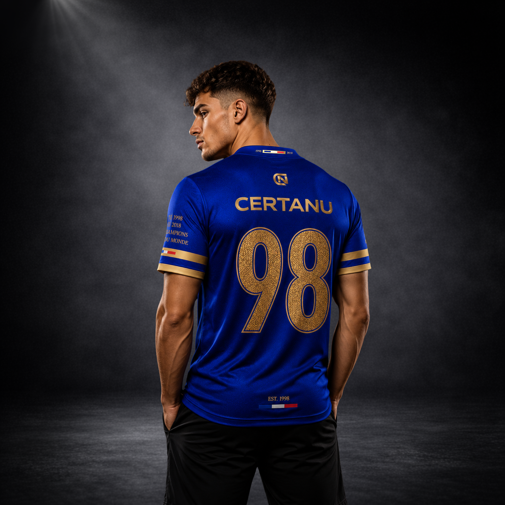 Rückansicht eines jungen Mannes mit blauem CERTANU Frankreich Fan-Shirt vor dunklem Studiohintergrund. Das Design zeigt eine große goldene Rückennummer 98 als Hommage an den ersten französischen Weltmeistertitel 1998. Oberhalb der Nummer befindet sich das CERTANU-Logo in Gold. Goldene Ärmelstreifen sowie französische Flaggen-Details am Kragen und Saum verleihen dem Shirt einen hochwertigen Premium-Look. Auf dem Ärmel stehen die Weltmeisterjahre 1998 und 2018 mit der Aufschrift „Champions du Monde“. Modernes