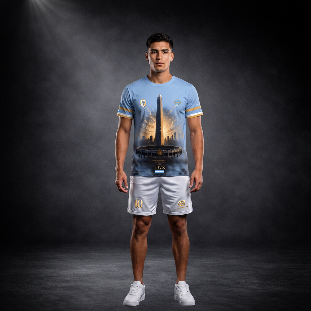 Junger männlicher Argentinien-Fan präsentiert ein exklusives hellblaues CERTANU Fußballshirt vor dunklem Studiohintergrund. Das hochwertige Trikot zeigt auf der Vorderseite den berühmten Obelisken von Buenos Aires über dem Estadio Monumental Stadion, umgeben von goldenen Lichteffekten und einer Skyline. Unter dem Motiv steht die Jahreszahl „1978“ als Erinnerung an den ersten Weltmeistertitel Argentiniens. Die Ärmel sind mit himmelblauen, weißen und goldenen Streifen sowie Weltmeisterdetails verziert. Der Fa