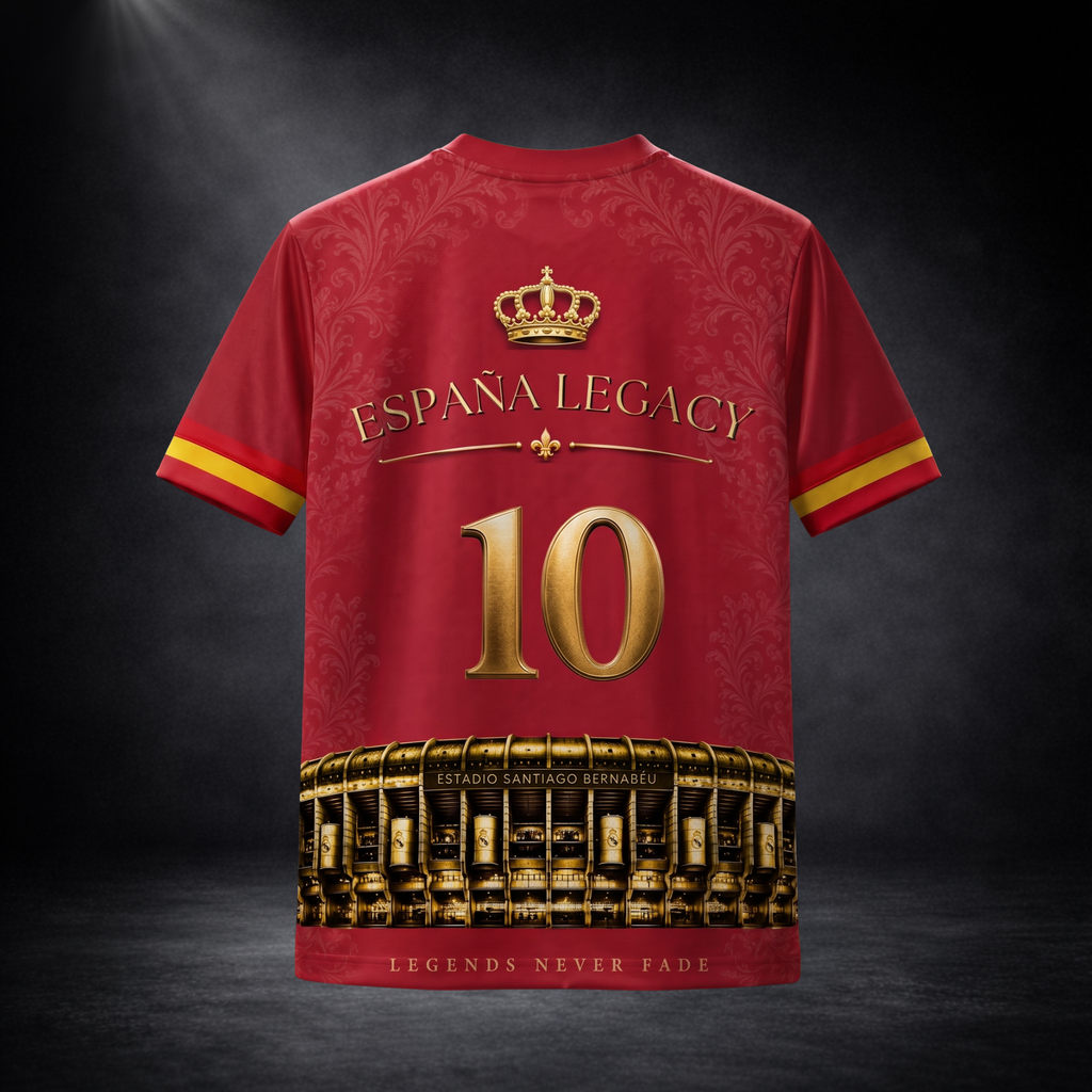 Rückansicht eines jungen Mannes mit dem roten CERTANU España Legacy Premium Fußballshirt vor dunklem Studiohintergrund. Das Rückendesign zeigt eine goldene Krone, den Schriftzug „España Legacy“, die große Rückennummer 10 sowie das Estadio Santiago Bernabéu in goldenen Details. Die Ärmel sind mit den Farben der spanischen Flagge verziert. Exklusives Funktionsshirt aus recyceltem Polyester für Fußball, Training, Freizeit, Stadionbesuche und Spanien-Fans im luxuriösen Premium-Design.