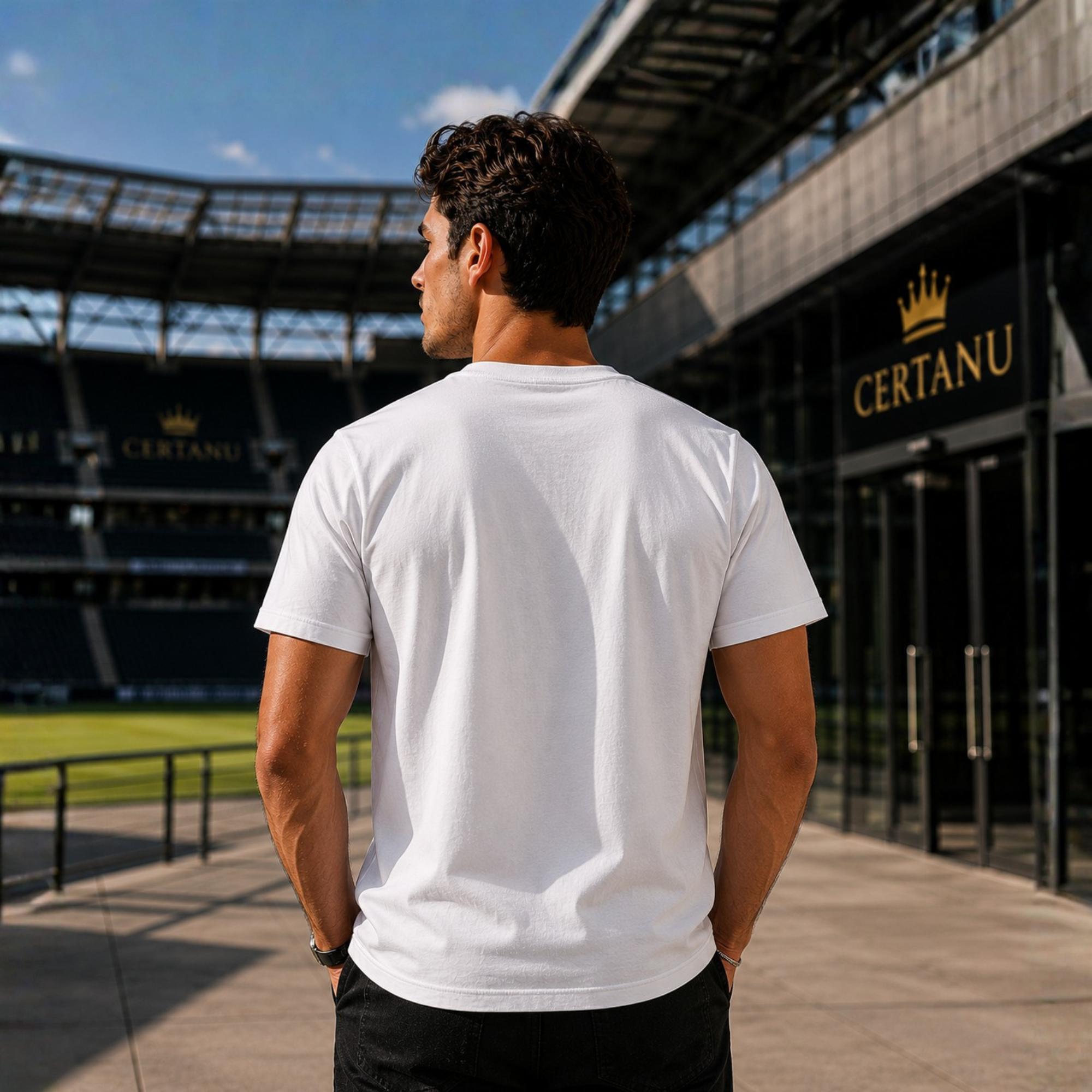 Rückansicht eines jungen Mannes in einem weißen CERTANU Fußball T-Shirt vor modernem Stadion. Cleanes Streetwear Mockup mit freier Rückseite, hochwertiges Fußball Fan Shirt, Lifestyle-Fotografie im Premium-Stadion-Ambiente.