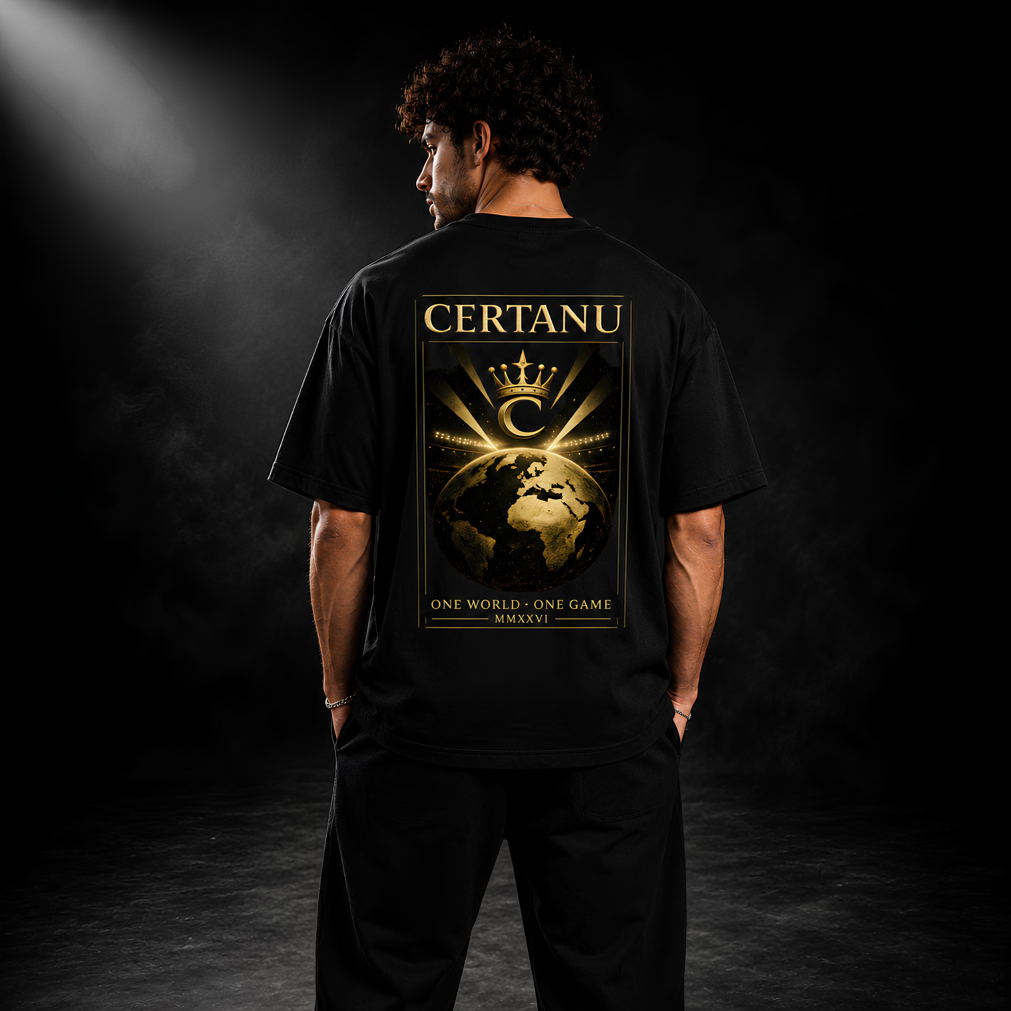 Ganzkörperansicht eines jungen Mannes in schwarzem CERTANU Oversized Premium T-Shirt mit großem Rückenprint in Gold und Schwarz. Das exklusive Backprint-Design zeigt eine Weltkugel, eine Krone und den Schriftzug „One World • One Game“. Luxuriöse Fußball Streetwear für Herren, hochwertiger Oversized Fit, moderner Football-Lifestyle-Look und elegante Fanmode mit globalem Fußballmotiv. Ideal für Fußballfans, Streetwear-Liebhaber und die WM 2026.