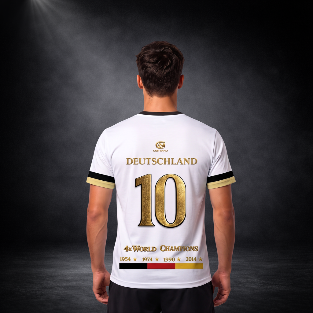 Rückansicht eines jungen männlichen Models im weißen CERTANU Deutschland Premium Fußballshirt vor dunklem Studiohintergrund. Auf dem Rücken befinden sich der goldene Schriftzug „DEUTSCHLAND“, eine große goldene Rückennummer 10 sowie der Schriftzug „4x World Champions“. Darunter sind die vier Weltmeisterjahre 1954, 1974, 1990 und 2014 mit Sternen sowie ein dezenter Balken in Schwarz, Rot und Gold dargestellt. Gold-schwarze Ärmelabschlüsse und hochwertige CERTANU-Details verleihen dem Fanshirt einen eleganten