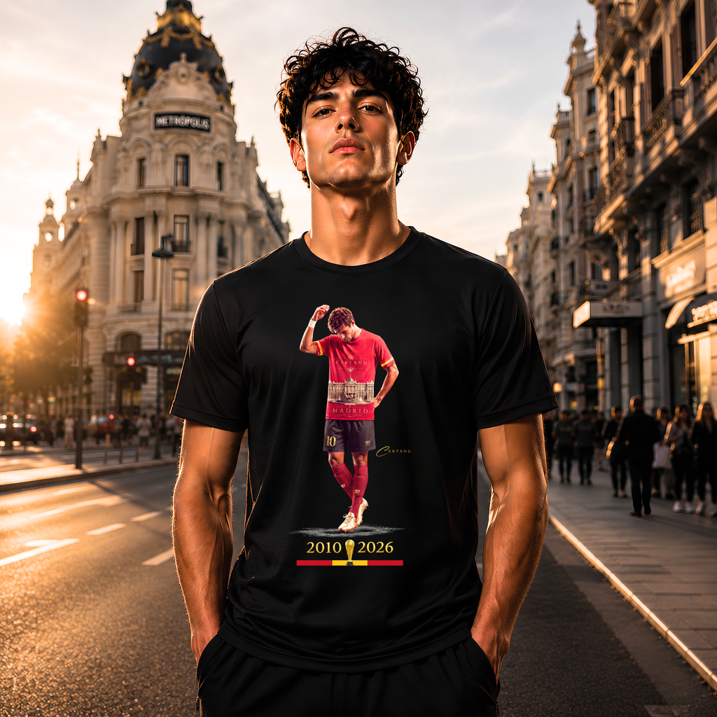 Junger Mann trägt ein schwarzes CERTANU Premium T-Shirt mit exklusivem Fußballspieler-Print auf einer eleganten Straße im Zentrum von Madrid bei Sonnenuntergang. Das Motiv zeigt einen Spieler im roten Trikot mit der Jahreszahl „2010–2026“, goldener Trophäe und spanisch inspirierten Farben. Modernes Fußball-Fanshirt, hochwertige Streetwear und stilvoller Lifestyle-Look vor urbaner Stadtkulisse.