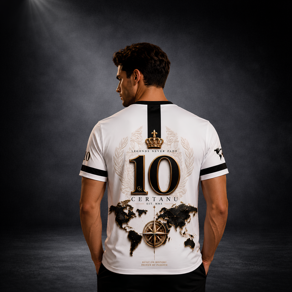 Rückansicht eines männlichen Models mit dem CERTANU Legends Never Fade Premium Fußballshirt in Weiß, Schwarz und Gold. Das exklusive Heritage-Design zeigt eine große gold-schwarze Nummer 10 unter einer königlichen Krone, den Schriftzug „Legends Never Fade“, das CERTANU-Logo sowie eine stilvolle Weltkarte mit Kompassmotiv als Symbol für internationale Fußballtradition. Hochwertiger Funktionsstoff, edle Goldakzente und sportlicher Schnitt machen das Shirt ideal für Fußballfans, Streetwear, Stadionbesuche, Fre