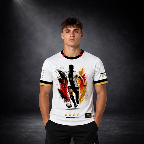 Junger Mann trägt ein weißes CERTANU Fußball-Fanshirt mit großem Deutschland-Motiv auf der Vorderseite. Das Design zeigt einen Fußballspieler mit der Nummer 10 vor dynamischen Schwarz-Rot-Gold-Farbspritzern und einem Fußball. Unter dem Motiv befinden sich vier goldene Sterne sowie die deutsche Flagge. Das Premium T-Shirt besitzt schwarze und goldene Akzente an Kragen und Ärmeln sowie ein CERTANU-Logo am Saum. Studioaufnahme vor dunklem Hintergrund mit Fokus auf Passform, Stoffqualität und modernem Fußball-S