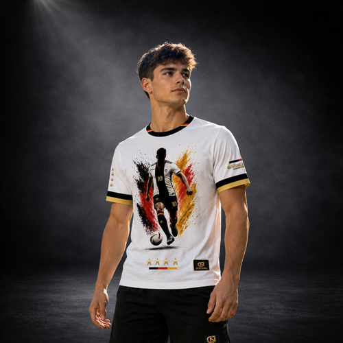 Junger Mann präsentiert ein weißes CERTANU Deutschland Fan T-Shirt mit großem Fußballspieler-Motiv auf der Vorderseite. Das Design zeigt einen Spieler mit der Nummer 10 vor dynamischen Schwarz-Rot-Gold-Farbspritzern und einem Fußball. Vier goldene Sterne sowie die deutsche Flagge unterstreichen die Weltmeister-Tradition Deutschlands. Das Shirt verfügt über schwarze und goldene Kontrastdetails an Kragen und Ärmeln sowie ein hochwertiges CERTANU-Label am Saum. Professionelle Studioaufnahme mit dunklem Premium