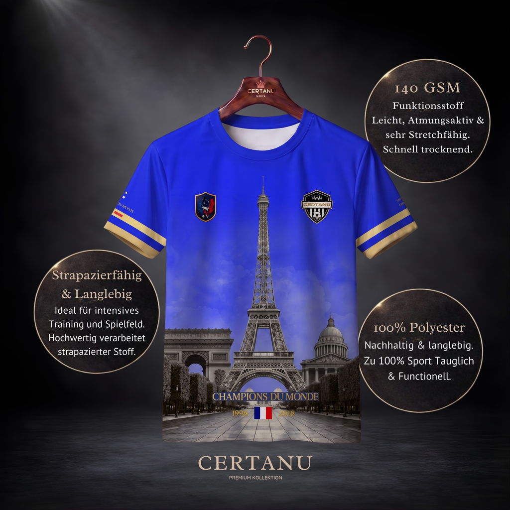 Premium-Produktbild des blauen CERTANU Frankreich Fußballshirts auf edlem Holzkleiderbügel vor dunklem Studiohintergrund. Das Trikot zeigt auf der Vorderseite den Eiffelturm, den Arc de Triomphe und das Panthéon im hochwertigen Allover-Design sowie die Aufschrift „Champions du Monde“ mit den Weltmeisterjahren 1998 und 2018. Infografiken weisen auf den leichten 140 GSM Funktionsstoff, hohe Atmungsaktivität, schnelltrocknende Eigenschaften, Strapazierfähigkeit und 100 % Polyester hin. Elegantes Premium-Fan-Sh