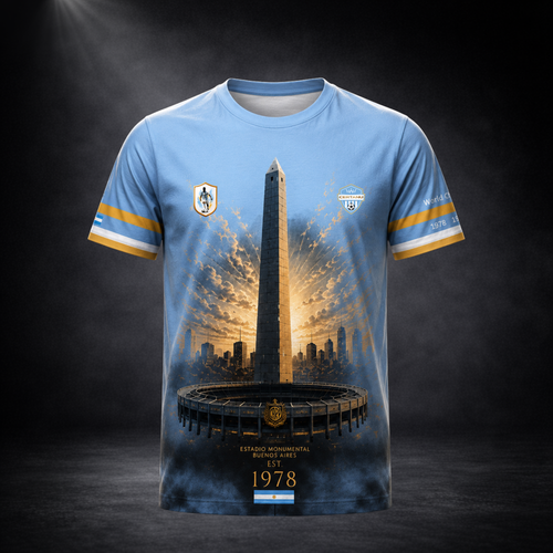 Vorderansicht eines hellblauen Argentinien-Fanshirts von CERTANU vor dunklem Premium-Studiohintergrund. Das exklusive Design zeigt den berühmten Obelisken von Buenos Aires, das Estadio Monumental und eine stilisierte Skyline mit goldenen Lichteffekten. Die Nationalfarben Himmelblau und Weiß werden durch elegante Goldakzente ergänzt. Auf den Ärmeln befinden sich dekorative Streifen sowie Hinweise auf die Weltmeistertitel Argentiniens. Im unteren Bereich des Motivs steht die Jahreszahl „1978“ als Erinnerung a