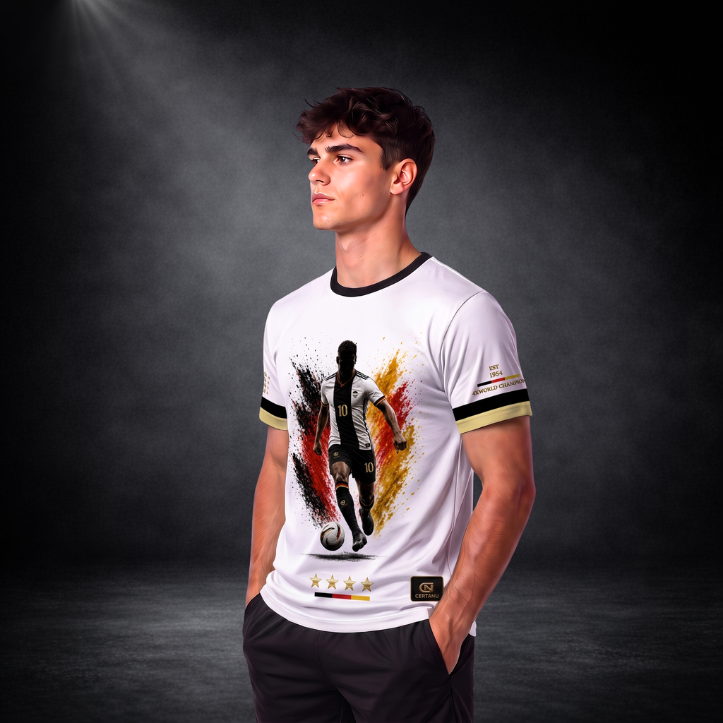 Seitliche Ansicht eines jungen männlichen Models im weißen CERTANU Deutschland Premium Fußballshirt vor dunklem Studiohintergrund. Das T-Shirt zeigt auf der Vorderseite einen dynamischen Fußballspieler mit der Rückennummer 10 vor einem kraftvollen Schwarz-Rot-Gold-Farbdesign. Goldene Sterne, hochwertige CERTANU-Details sowie schwarz-goldene Ärmelabschlüsse verleihen dem Design einen exklusiven Premium-Look. Die sportliche Passform und die hochwertige Verarbeitung machen das Shirt ideal für Fußballfans, Stad