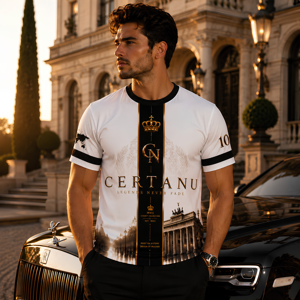 Elegantes männliches Model trägt das CERTANU Legends Never Fade Premium Fußballshirt in Weiß, Schwarz und Gold vor einer luxuriösen Villa mit schwarzer Luxuslimousine. Das exklusive Heritage-Design zeigt das goldene CERTANU-Monogramm mit Krone auf einem schwarzen Mittelstreifen sowie Berliner Wahrzeichen wie das Brandenburger Tor. Hochwertiger Funktionsstoff, edle Goldakzente und moderner sportlicher Schnitt vereinen Fußball, Luxus und Streetwear. Ideal für Fußballfans, Stadionbesuche, Freizeit, Lifestyle u