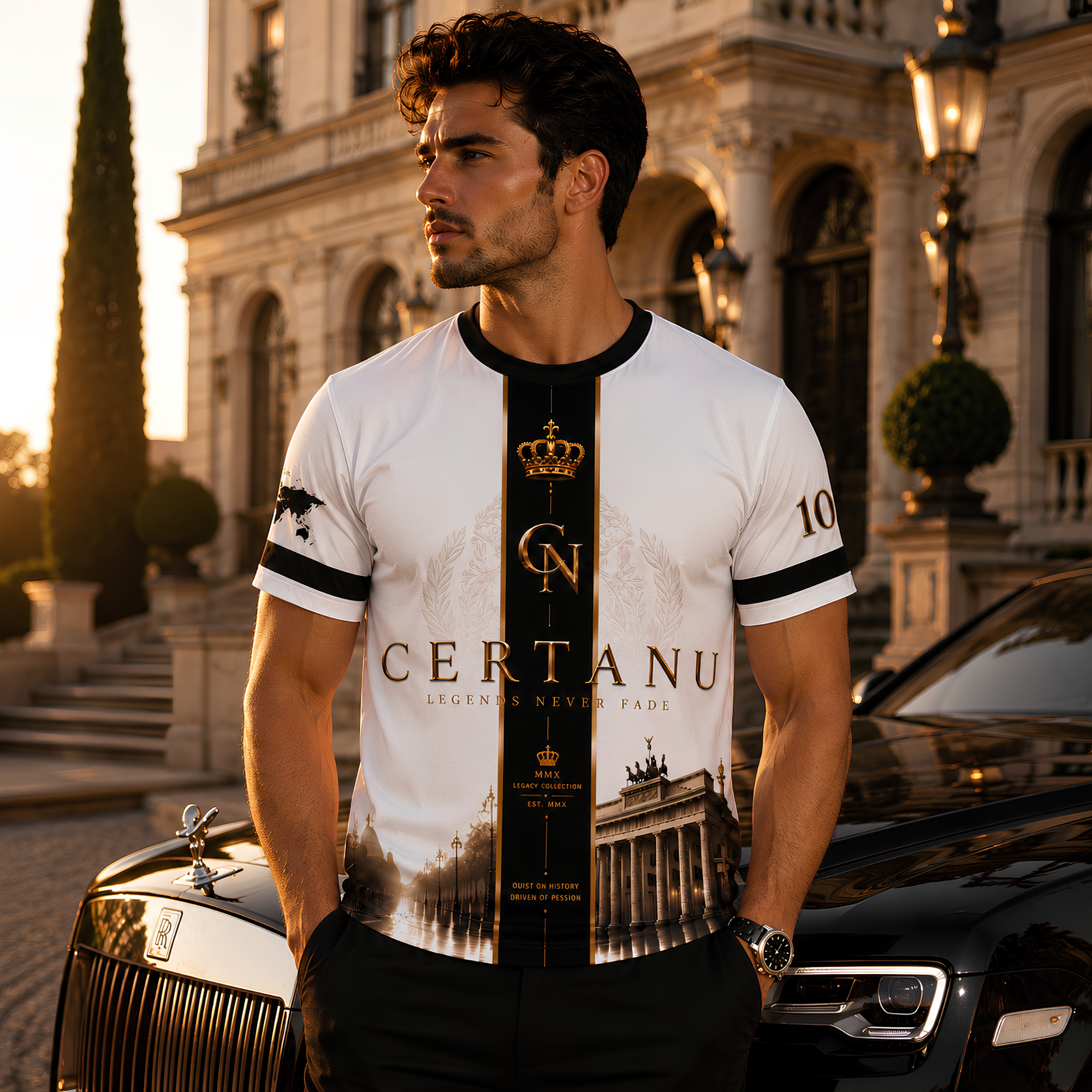 Elegantes männliches Model trägt das CERTANU Legends Never Fade Premium Fußballshirt in Weiß, Schwarz und Gold vor einer luxuriösen Villa mit schwarzer Luxuslimousine. Das exklusive Heritage-Design zeigt das goldene CERTANU-Monogramm mit Krone auf einem schwarzen Mittelstreifen sowie Berliner Wahrzeichen wie das Brandenburger Tor. Hochwertiger Funktionsstoff, edle Goldakzente und moderner sportlicher Schnitt vereinen Fußball, Luxus und Streetwear. Ideal für Fußballfans, Stadionbesuche, Freizeit, Lifestyle u