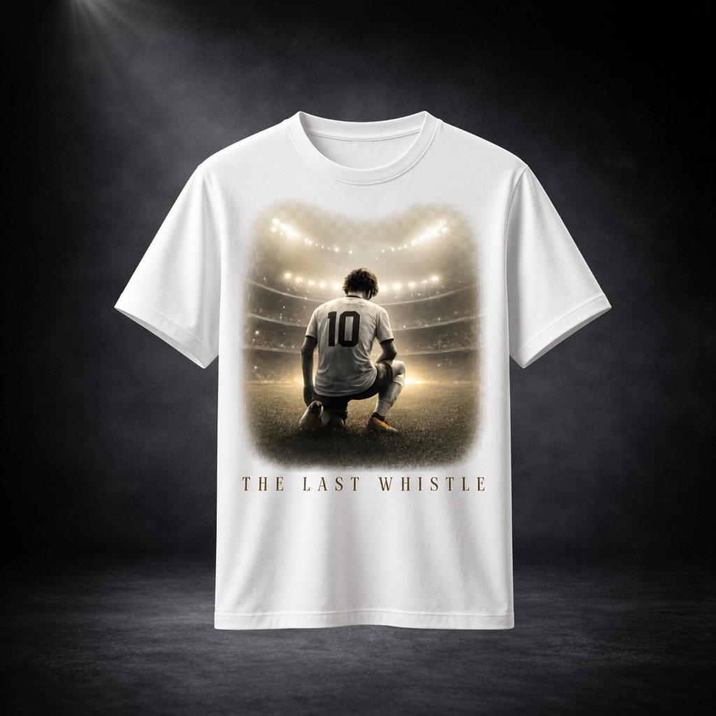Vorderansicht eines weißen Premium Fußball-T-Shirts mit dem Design „The Last Whistle“. Der hochwertige Frontprint zeigt einen Fußballspieler mit der Rückennummer 10, der unter Stadionflutlicht kniend auf dem Spielfeld sitzt. Das emotionale Motiv symbolisiert den letzten Schlusspfiff, große Fußballmomente und den Abschied einer Legende. Modernes Fußball-Streetwear-Shirt in elegantem Beige-, Weiß- und Grauton für Fußballfans, Spieler und Liebhaber exklusiver Fanwear. Perfekt für die Fußball-WM 2026, Football 