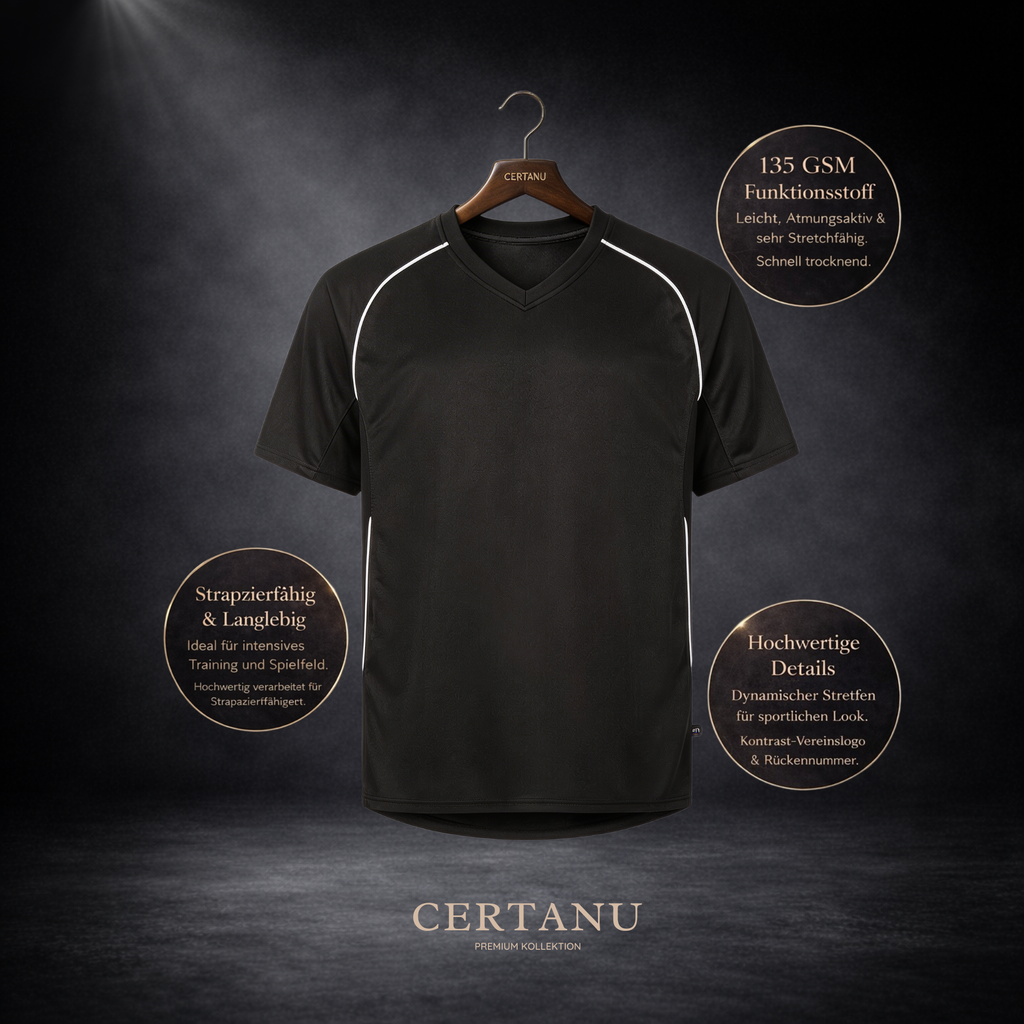 Schwarzes Sport-Trikot auf Holzkleiderbügel mit Infos zu 135 GSM Funktionsstoff, langlebiger Qualität und sportlichen Details, vor dunklem Studio-Hintergrund