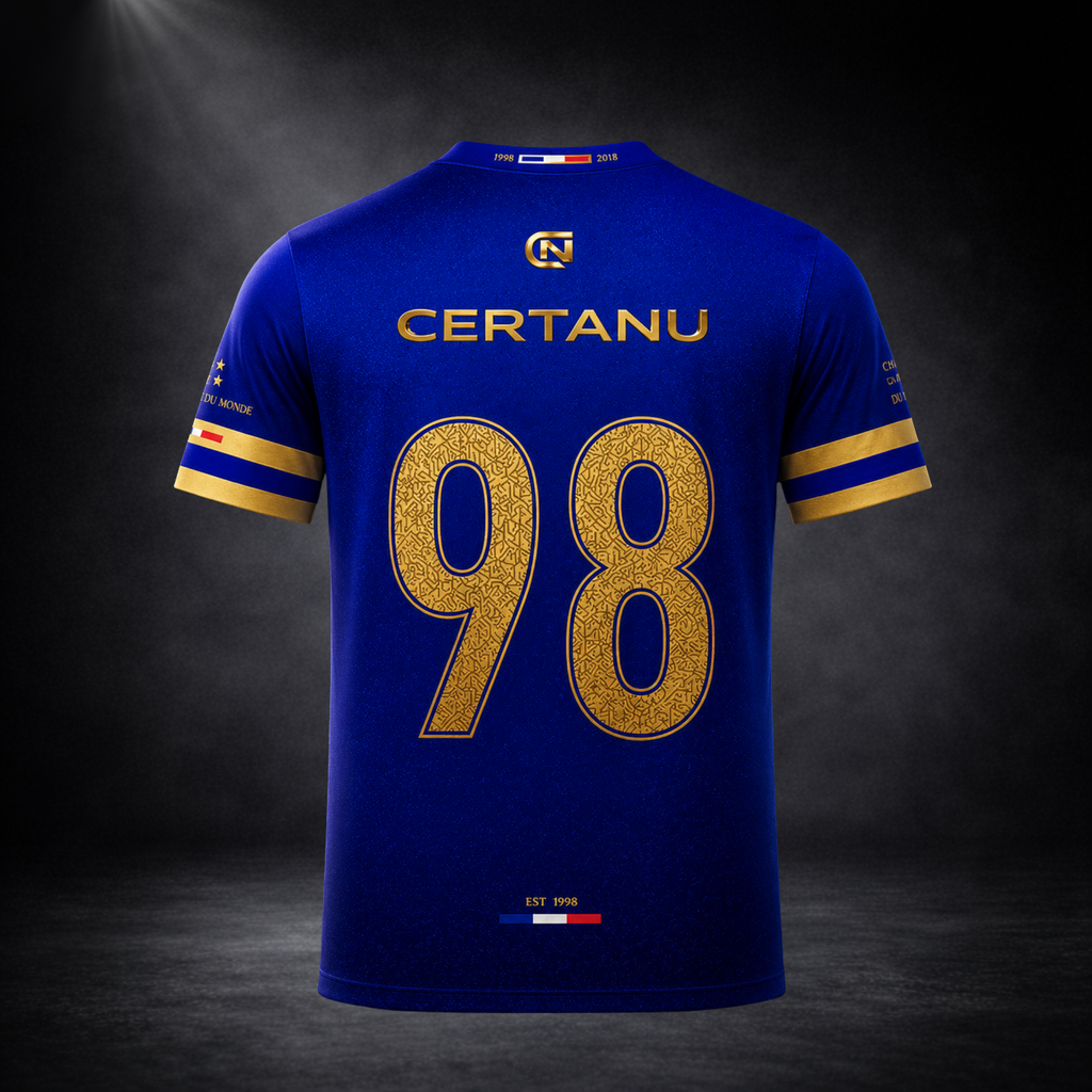 Rückansicht eines blauen CERTANU Frankreich Fan-Shirts mit großer goldener Rückennummer 98 vor dunklem Studiohintergrund. Über der Nummer befindet sich der goldene CERTANU-Schriftzug und das Markenlogo. Die Zahl 98 steht als Hommage an den ersten französischen FIFA-Weltmeistertitel von 1998. Goldene Ärmelstreifen, französische Flaggendetails und hochwertige Veredelungen verleihen dem Shirt einen exklusiven Premium-Look. Am unteren Rücken befindet sich die Aufschrift „EST 1998“ mit französischer Trikolore. M