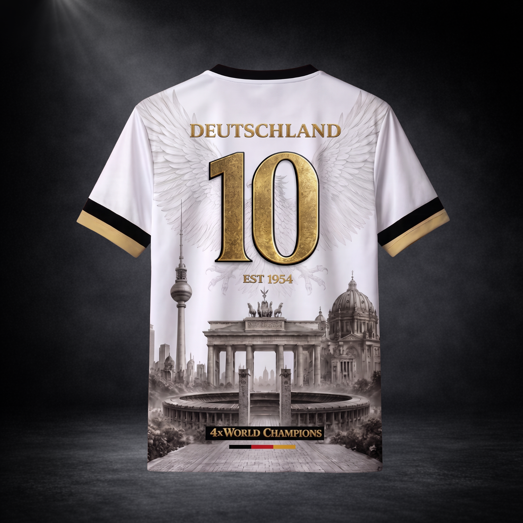 Rückansicht eines weißen CERTANU Premium Deutschland Fußballshirts vor dunklem Studiohintergrund. Das Rückendesign zeigt den goldenen Schriftzug „DEUTSCHLAND“ über einer großen goldenen Nummer 10 mit dezenten Engelsflügeln. Darunter steht „EST 1954“. Im unteren Bereich befinden sich detailreiche Berliner Wahrzeichen wie Fernsehturm, Brandenburger Tor, Berliner Dom und Olympiastadion sowie der Schriftzug „4x World Champions“ mit Akzenten in Schwarz, Rot und Gold. Hochwertiges Fan-Shirt für Deutschland-Fans, 