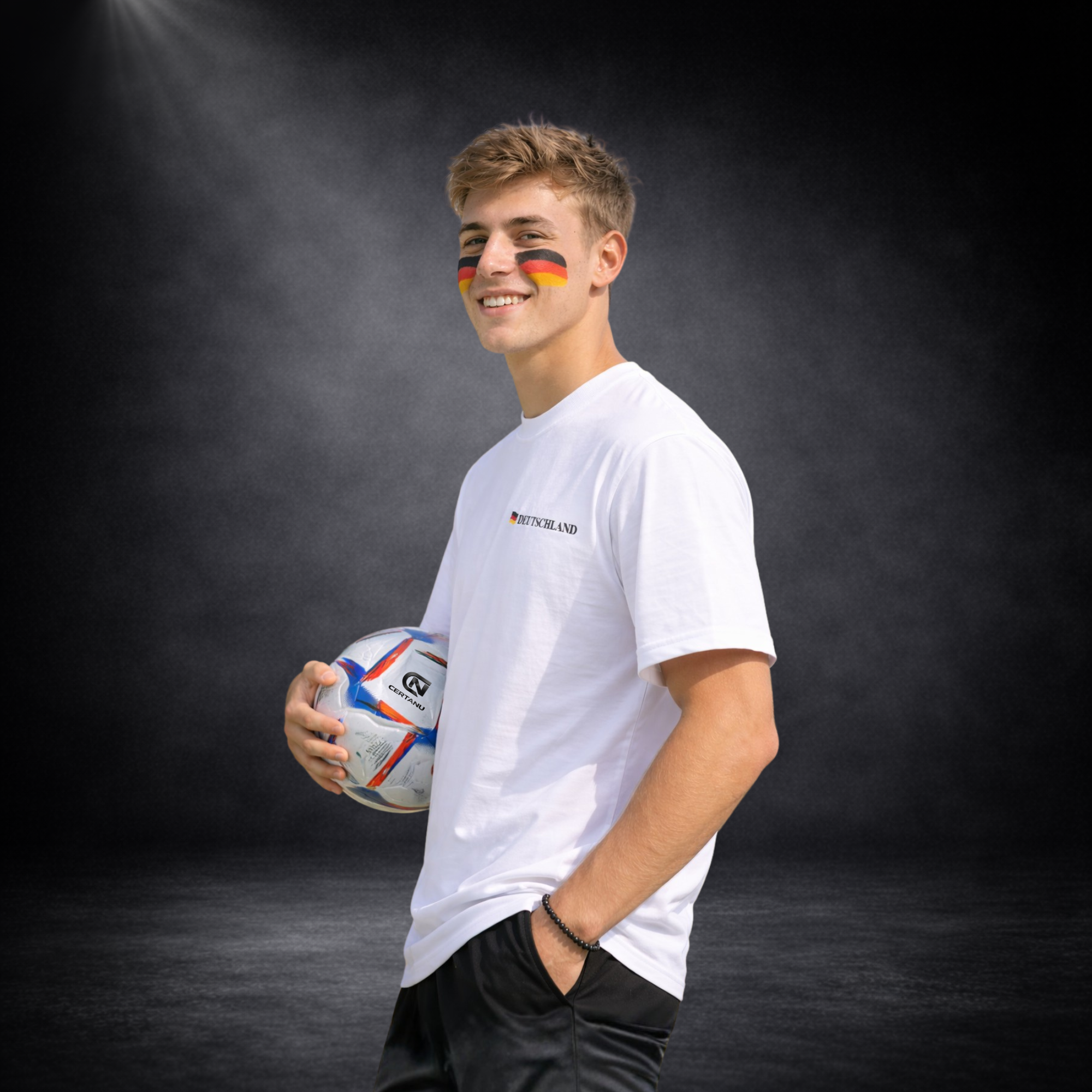 Seitliche Ansicht eines lächelnden Deutschland Fußball Fans mit schwarz-rot-goldenem Gesichtsmakeup, weißem T-Shirt mit „Deutschland“-Schriftzug und Fußball in der Hand, WM 2026 Fanlook auf dunklem Studio Hintergrund