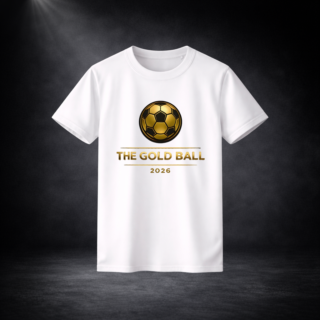 Weißes T-Shirt mit goldenem Fußball-Logo und dem Schriftzug „THE GOLD BALL 2026“ auf der Vorderseite, freigestellt vor dunklem Studio-Hintergrund mit Spotlight-Effekt