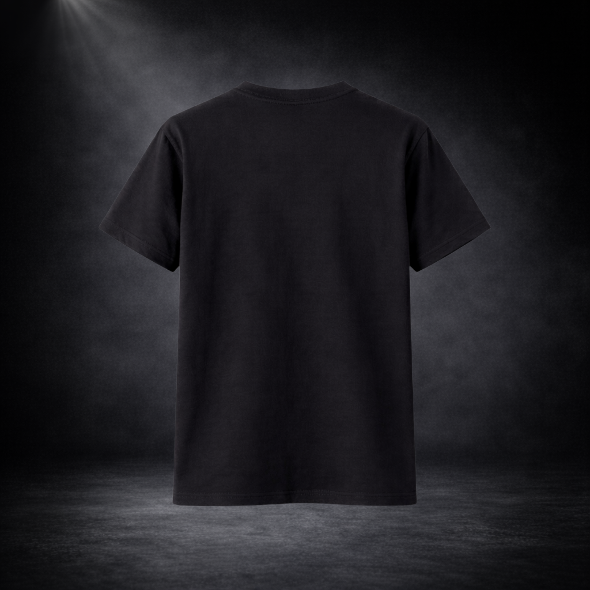 Schwarzes T-Shirt von hinten vor dunklem Studio-Hintergrund, ohne Aufdruck, minimalistisch und hochwertig präsentiert