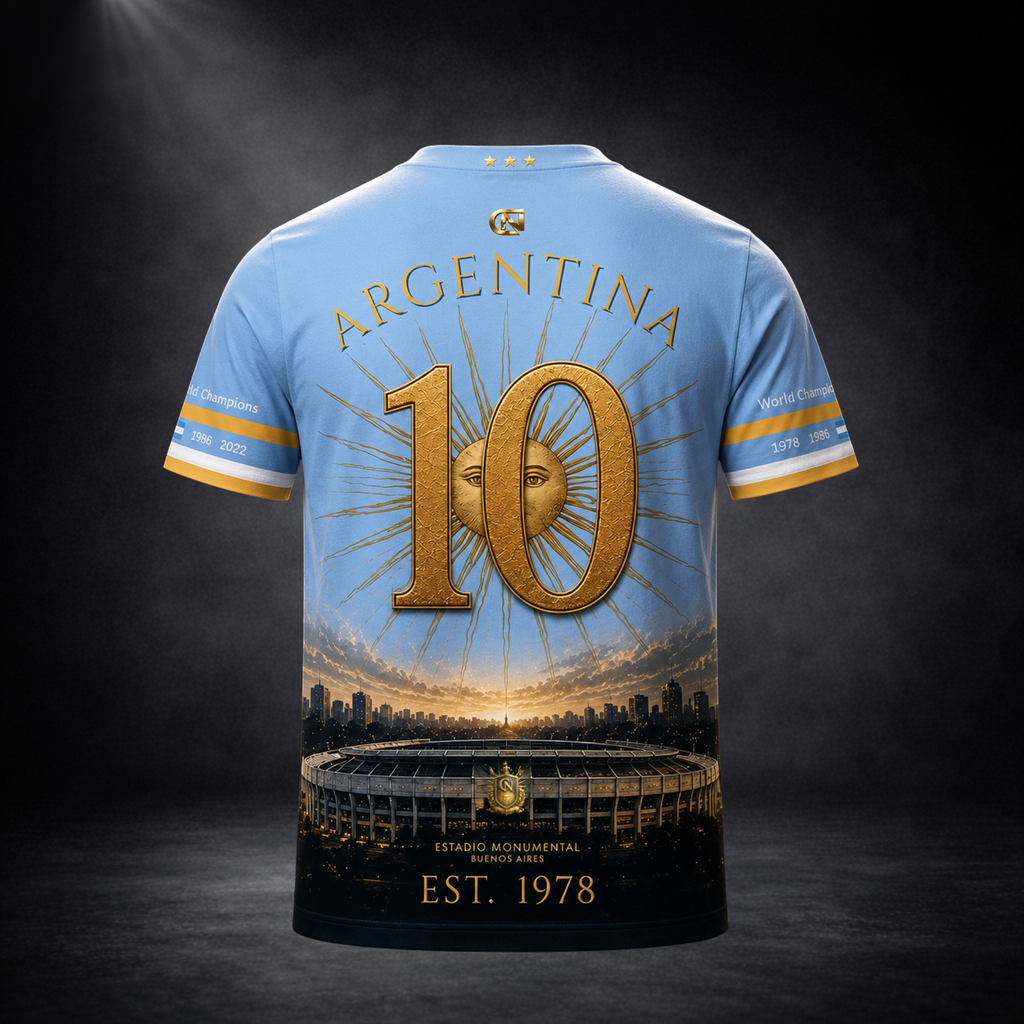 Rückansicht eines hellblauen Argentinien-Fanshirts von CERTANU vor dunklem Premium-Studiohintergrund. Das exklusive Rückenmotiv zeigt den Schriftzug „ARGENTINA“ über einer großen goldenen Nummer 10, die vor der ikonischen Sonne der argentinischen Flagge platziert ist. Im unteren Bereich befinden sich das Estadio Monumental von Buenos Aires, eine moderne Skyline sowie die goldene Jahreszahl „EST. 1978“ als Hommage an den ersten Weltmeistertitel Argentiniens. Die Ärmel tragen die Weltmeisterjahre 1978, 1986 u