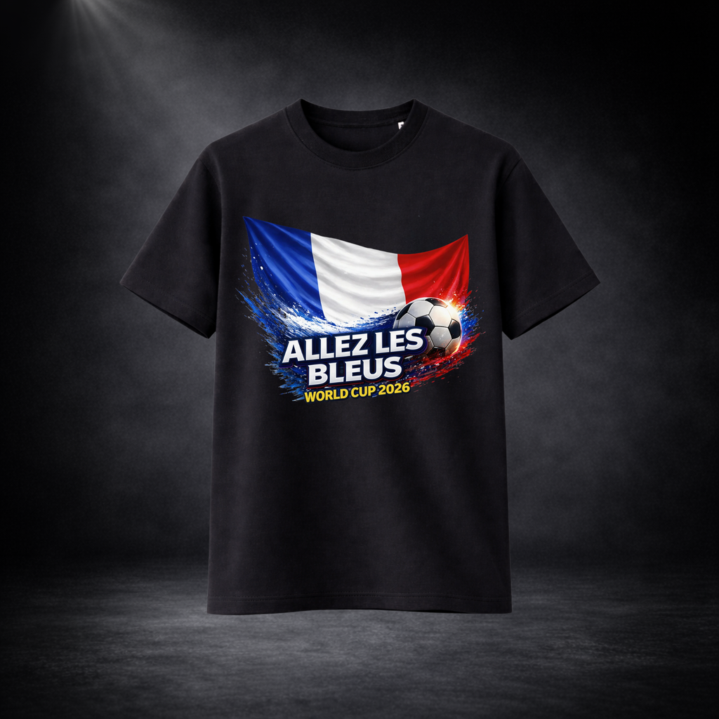 Schwarzes T-Shirt mit großem Frontprint: Frankreich-Flagge, Fußballmotiv und Schriftzug „ALLEZ LES BLEUS – WORLD CUP 2026“, freigestellt vor dunklem Studio-Hintergrund