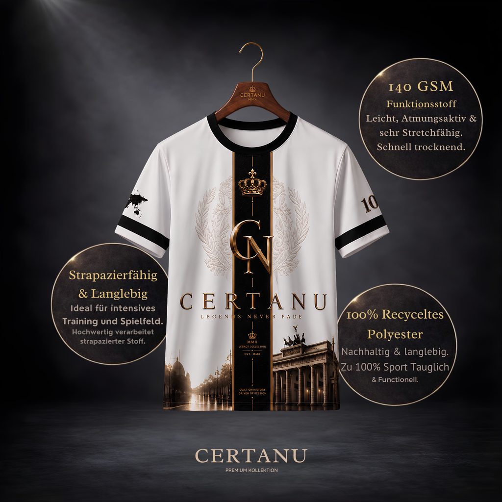 Produktbild des CERTANU Legends Never Fade Premium Fußballshirts in Weiß, Schwarz und Gold auf einem hochwertigen Holzkleiderbügel. Das exklusive Heritage-Design zeigt das goldene CERTANU-Monogramm mit Krone, elegante Lorbeerornamente sowie Berliner Wahrzeichen wie das Brandenburger Tor. Infografiken heben die Eigenschaften des Funktionsshirts hervor: 140 GSM Funktionsstoff, 100 % recyceltes Polyester, atmungsaktiv, schnelltrocknend, strapazierfähig und ideal für Sport, Training, Freizeit, Stadionbesuche un