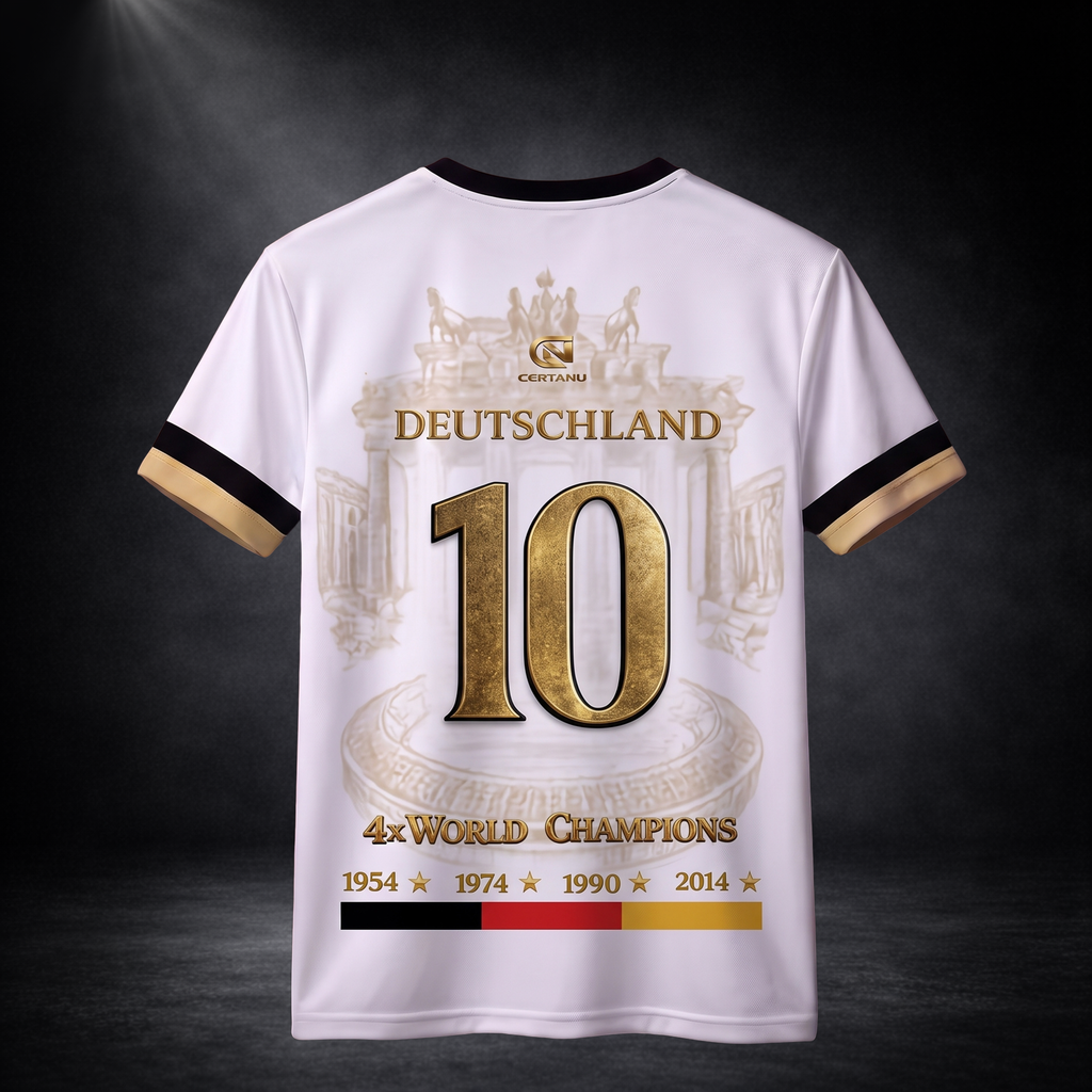 Seitliche Ansicht eines jungen männlichen Models im weißen CERTANU Deutschland Premium Fußballshirt vor dunklem Studiohintergrund. Das T-Shirt zeigt auf der Vorderseite einen dynamischen Fußballspieler mit der Rückennummer 10 vor einem kraftvollen Schwarz-Rot-Gold-Farbdesign. Goldene Sterne, hochwertige CERTANU-Details sowie schwarz-goldene Ärmelabschlüsse verleihen dem Design einen exklusiven Premium-Look. Die sportliche Passform und die hochwertige Verarbeitung machen das Shirt ideal für Fußballfans, Stad