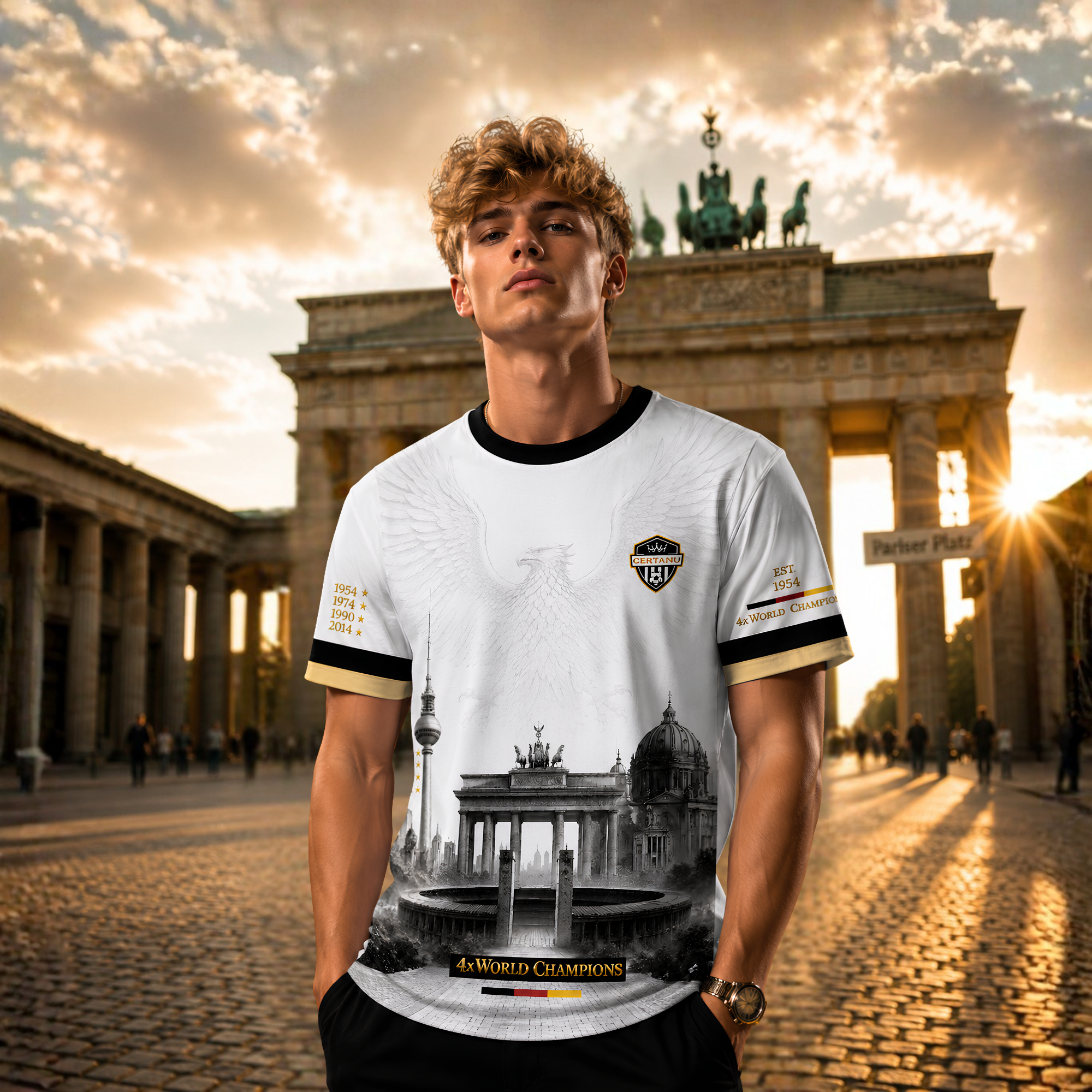 Junger blonder Mann trägt ein weißes CERTANU Deutschland Premium Fußballshirt vor dem Brandenburger Tor in Berlin bei Sonnenuntergang. Das exklusive Design zeigt einen dezenten Adler mit ausgebreiteten Flügeln, das CERTANU-Wappen, Berliner Wahrzeichen wie Brandenburger Tor, Fernsehturm, Berliner Dom und Olympiastadion sowie den Schriftzug „4x World Champions“ in Schwarz, Gold und den Farben der Deutschlandflagge. Hochwertiges Fußball-Fanshirt für Deutschland-Fans, stilvolle Streetwear und Premium-Fanmode mi