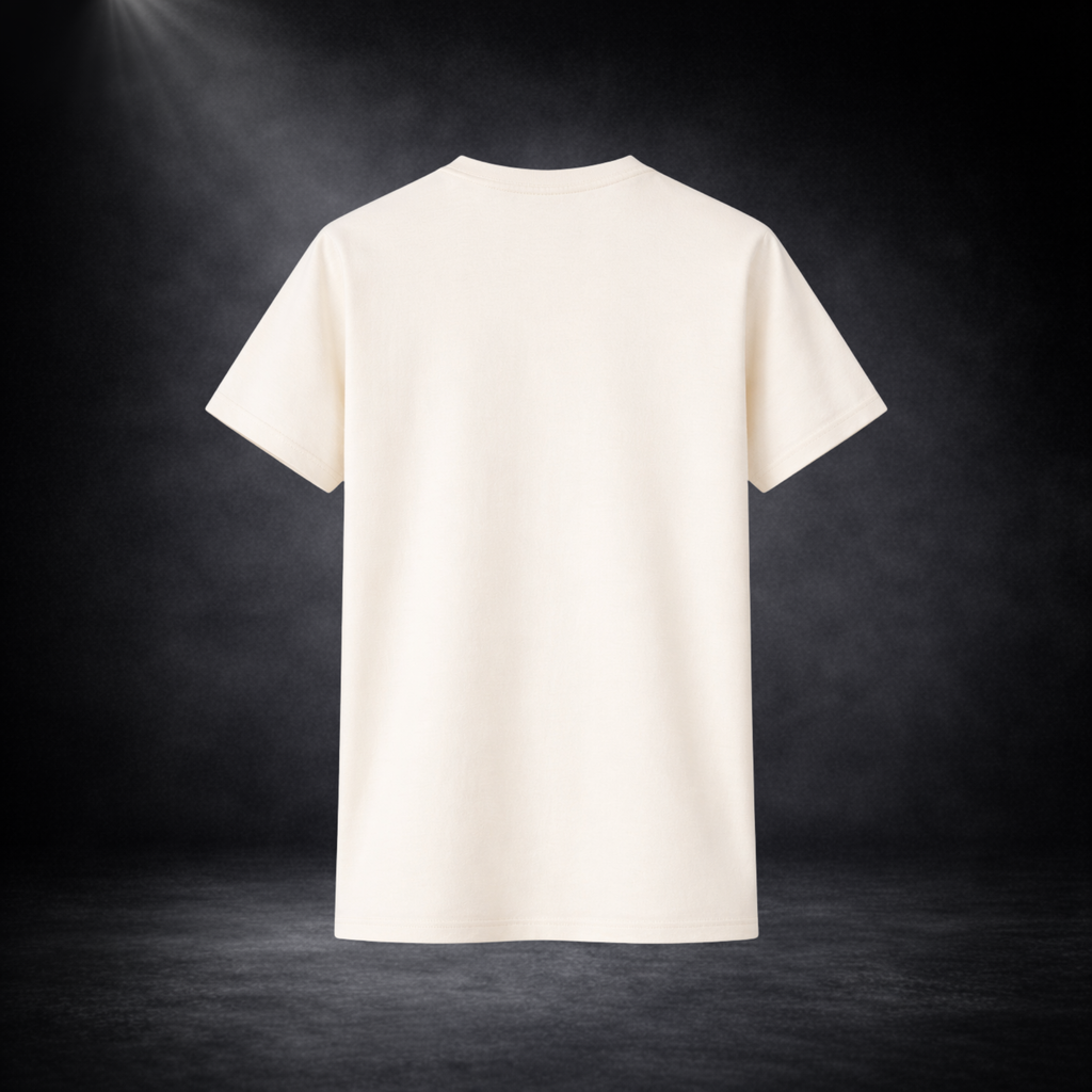 Beiges T-Shirt ohne Aufdruck, Rückansicht, freigestellt vor dunklem Studio-Hintergrund mit Spotlight-Effekt