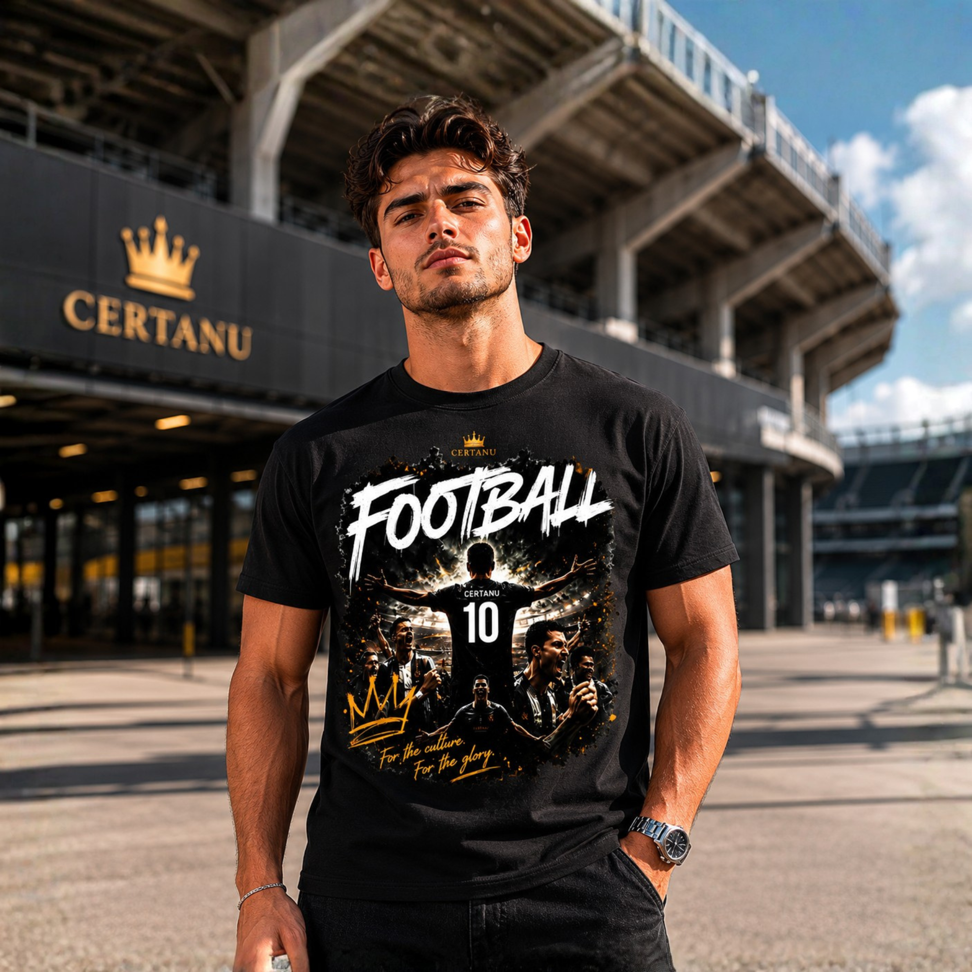 Junger Mann trägt ein schwarzes CERTANU Football T-Shirt vor einem modernen Fußballstadion. Premium Fußball Streetwear mit großem Football-Grafikdruck auf der Vorderseite, sportlicher Lifestyle-Look, Fan Fashion für Fußballliebhaber und moderne Urban Wear.