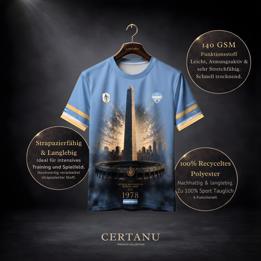 Premium Argentinien Fußballshirt von CERTANU auf hochwertigem Holzkleiderbügel vor dunklem Studiohintergrund. Das hellblaue Funktionsshirt zeigt den berühmten Obelisken von Buenos Aires über dem Estadio Monumental Stadion mit goldenen Lichtstrahlen, Skyline und der Jahreszahl „1978“ als Hommage an den ersten argentinischen Weltmeistertitel. Goldene und weiße Streifen an den Ärmeln ergänzen das exklusive Design. Informationsgrafiken heben die Eigenschaften des Materials hervor: 140 GSM Funktionsstoff, atmung