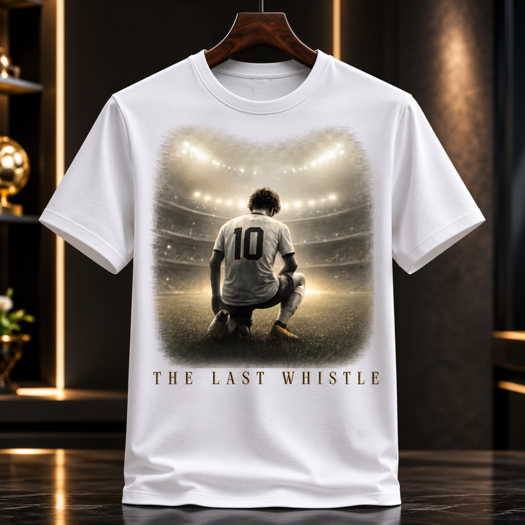 Luxuriöse Produktaufnahme eines weißen CERTANU Premium T-Shirts auf einem dunklen Holzkleiderbügel. Das Frontdesign „The Last Whistle“ zeigt einen Fußballspieler mit der Rückennummer 10, der unter hellem Stadionflutlicht auf dem Spielfeld kniet. Die elegante Farbpalette in Beige, Gold, Weiß und Grau vermittelt Emotion, Leidenschaft und die letzten Momente eines großen Fußballspiels. Hochwertige Fußball-Streetwear für Fans, Spieler und Liebhaber exklusiver Football Fashion. Perfekt für die WM 2026, Fußballku