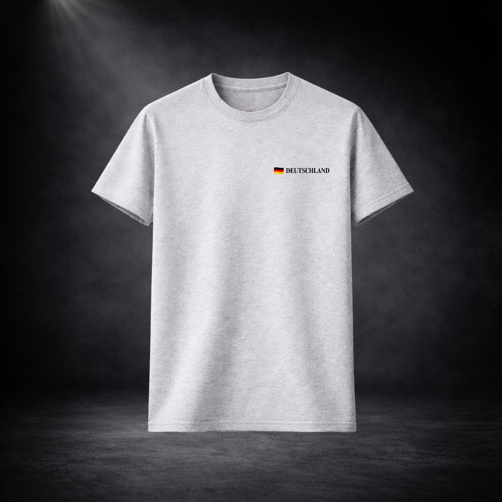Graues Deutschland Fan T-Shirt mit kleinem „Deutschland“-Schriftzug und Flagge auf der Brust, minimalistisches Fußball WM 2026 Design auf dunklem Studio Hintergrund