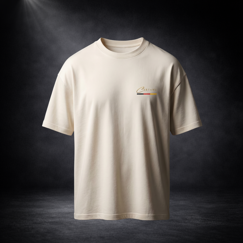 Vorderansicht eines cremefarbenen Oversized CERTANU T-Shirts vor einem dunklen Premium-Studiohintergrund mit weicher Spotlight-Beleuchtung. Das minimalistische Streetwear-Design zeigt auf der linken Brust ein dezentes CERTANU-Logo in Gold mit einer schmalen Schwarz-Rot-Gold-Linie darunter. Das hochwertige Oversized-Shirt besitzt eine moderne, lockere Passform mit überschnittenen Schultern und einem klaren, eleganten Look. Die neutrale Farbgebung in Off-White kombiniert zeitlosen Minimalismus mit hochwertige