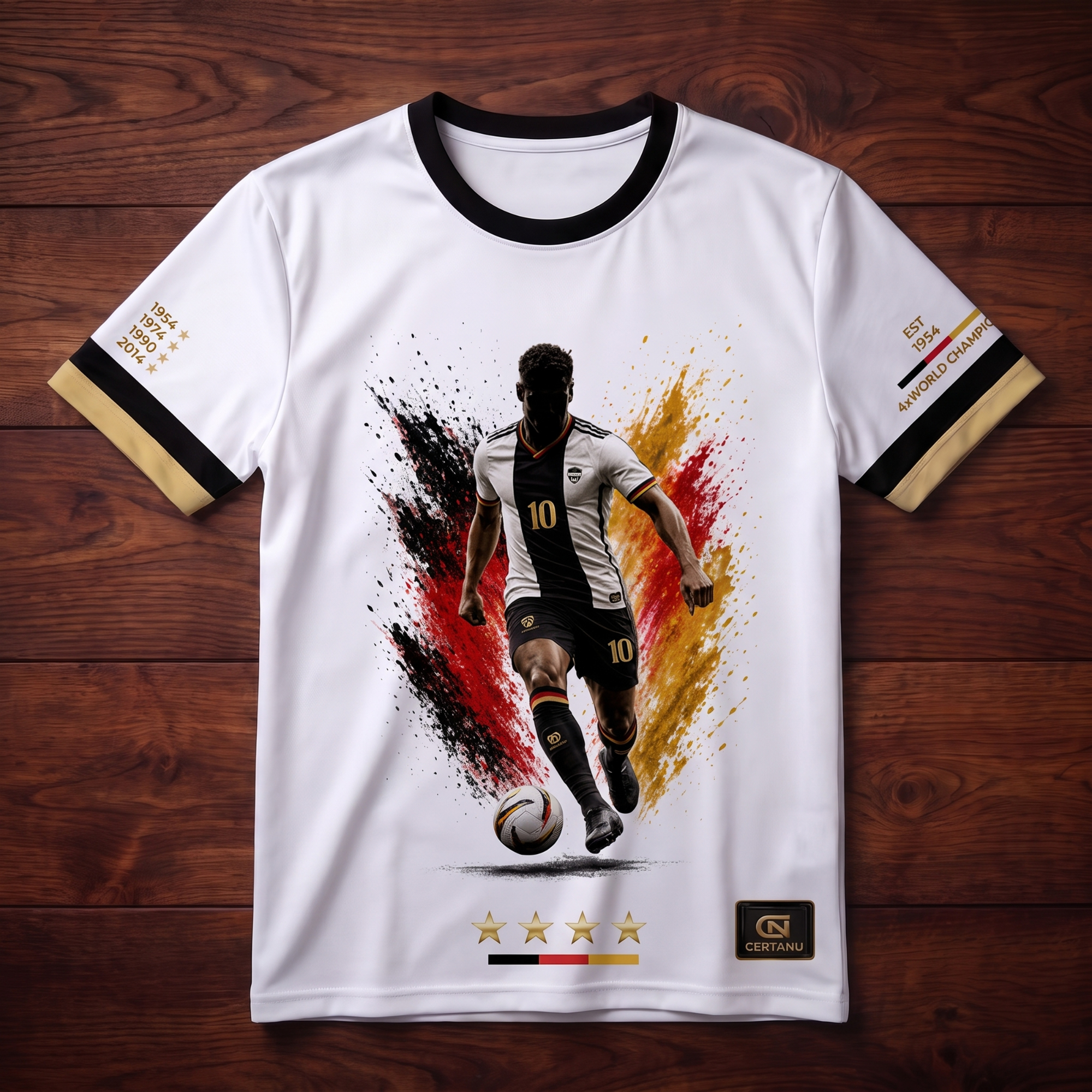 Seitliche Ansicht eines jungen männlichen Models im weißen CERTANU Deutschland Premium Fußballshirt vor dunklem Studiohintergrund. Das T-Shirt zeigt auf der Vorderseite einen dynamischen Fußballspieler mit der Rückennummer 10 vor einem kraftvollen Schwarz-Rot-Gold-Farbdesign. Goldene Sterne, hochwertige CERTANU-Details sowie schwarz-goldene Ärmelabschlüsse verleihen dem Design einen exklusiven Premium-Look. Die sportliche Passform und die hochwertige Verarbeitung machen das Shirt ideal für Fußballfans, Stad