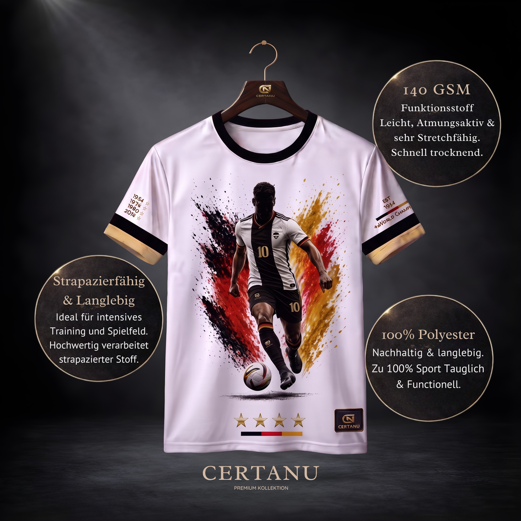 Vorderansicht eines weißen CERTANU Deutschland Premium Fußballshirts auf einem hochwertigen Holzkleiderbügel vor dunklem Studiohintergrund. Das Performance-Shirt aus leichtem Funktionsstoff zeigt einen dynamischen Fußballspieler mit der Rückennummer 10 vor einem markanten Schwarz-Rot-Gold-Farbdesign. Goldene Sterne, hochwertige CERTANU-Details und elegante schwarz-goldene Ärmelabschlüsse unterstreichen den exklusiven Premium-Look. Informationsfelder weisen auf 140 GSM Funktionsstoff, 100 % Polyester, atmung