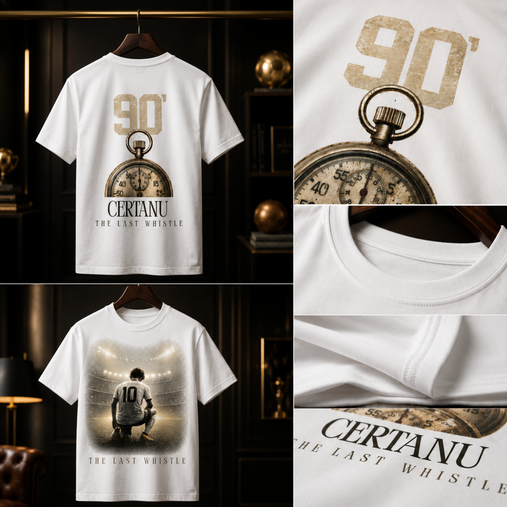 Luxuriöse Produkt-Collage des weißen CERTANU Premium Football T-Shirts „The Last Whistle“. Die Vorderseite zeigt einen Fußballspieler mit der Rückennummer 10, der im letzten Moment eines Spiels unter hellem Stadionlicht auf dem Rasen kniet. Die Rückseite präsentiert ein Vintage-Stoppuhr-Design mit der Zahl „90’“ als Symbol für die letzte Spielminute. Zusätzliche Detailaufnahmen zeigen die hochwertige Verarbeitung, präzise Nähte, den Kragen sowie die feine Druckqualität. Elegante Fußball-Streetwear in Weiß, 