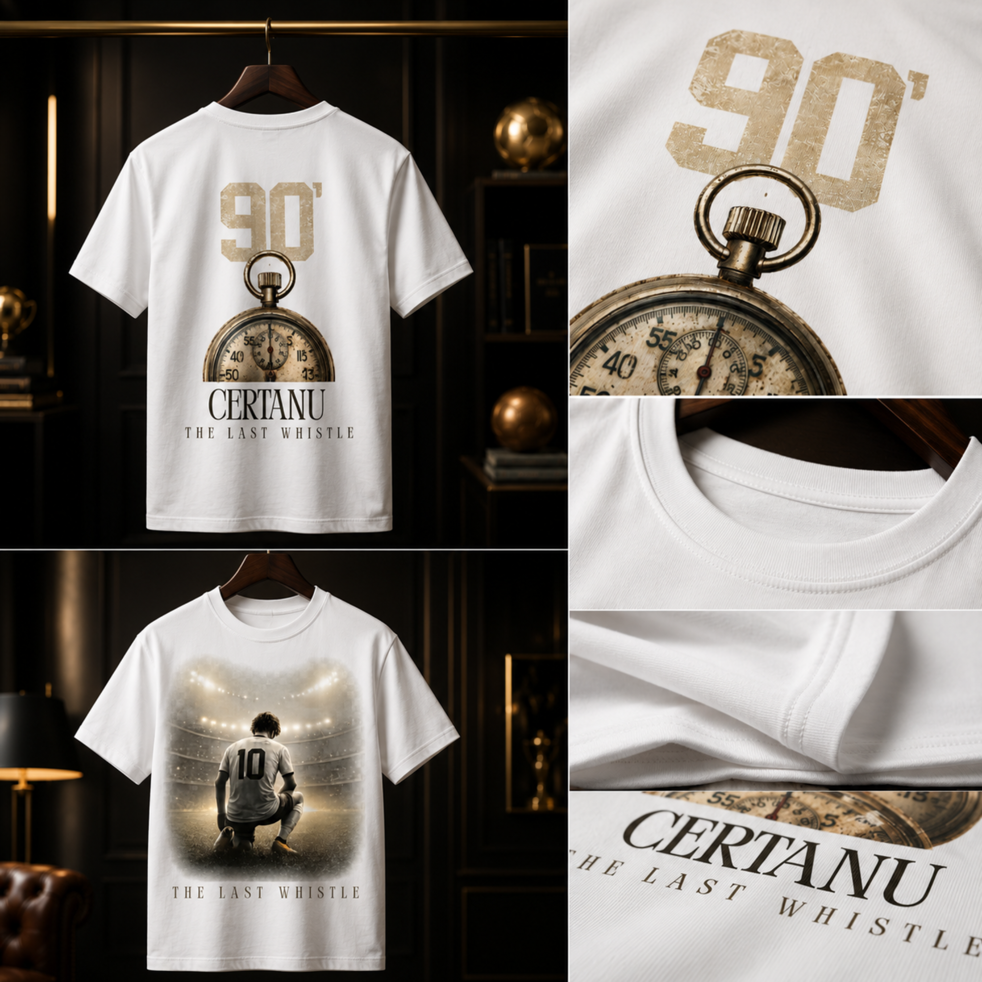 Luxuriöse Produkt-Collage des weißen CERTANU Premium Football T-Shirts „The Last Whistle“. Die Vorderseite zeigt einen Fußballspieler mit der Rückennummer 10, der im letzten Moment eines Spiels unter hellem Stadionlicht auf dem Rasen kniet. Die Rückseite präsentiert ein Vintage-Stoppuhr-Design mit der Zahl „90’“ als Symbol für die letzte Spielminute. Zusätzliche Detailaufnahmen zeigen die hochwertige Verarbeitung, präzise Nähte, den Kragen sowie die feine Druckqualität. Elegante Fußball-Streetwear in Weiß, 