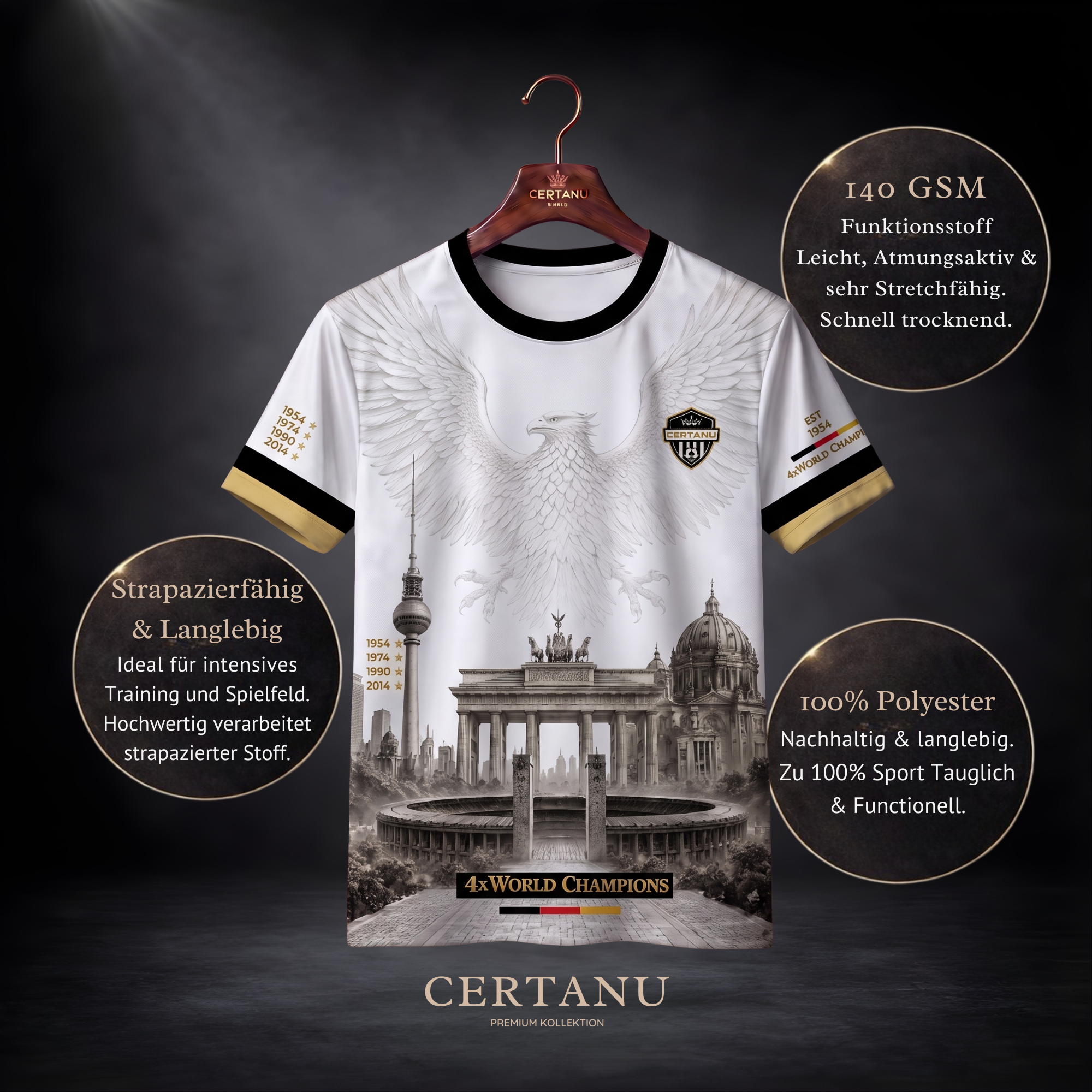 Frontansicht eines weißen CERTANU Deutschland Premium Fußballshirts auf einem edlen Holzkleiderbügel vor dunklem Studiohintergrund. Das exklusive Design zeigt einen majestätischen weißen Adler mit ausgebreiteten Flügeln, das CERTANU-Wappen, Berliner Wahrzeichen wie Brandenburger Tor, Fernsehturm, Berliner Dom und Olympiastadion sowie den Schriftzug „4x World Champions“ mit Akzenten in Schwarz, Gold und den Farben der Deutschlandflagge. Informationsfelder heben den leichten 140 GSM Funktionsstoff, hohe Strap