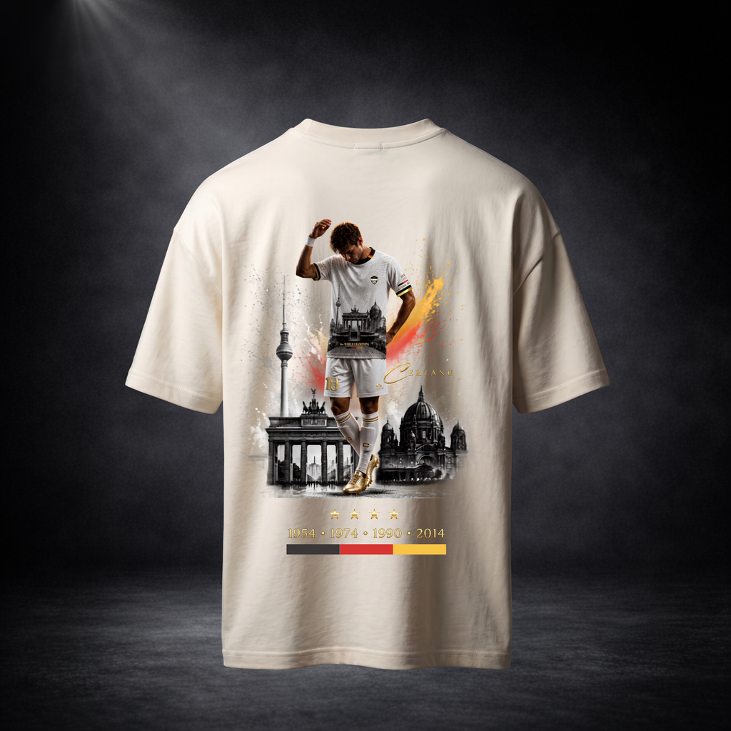 Rückansicht eines cremefarbenen Oversized CERTANU T-Shirts vor einem dunklen Premium-Studiohintergrund mit Spotlight-Beleuchtung. Auf dem Rücken befindet sich ein großes Deutschland-Fußball-Design mit einem Spieler in weißem Trikot und goldenen Schuhen vor Berliner Wahrzeichen wie dem Brandenburger Tor, dem Fernsehturm und dem Berliner Dom. Goldene Akzente sowie dynamische Schwarz-Rot-Gold-Farbeffekte unterstreichen das Motiv. Unter dem Design stehen vier goldene Sterne sowie die Jahreszahlen 1954, 1974, 19