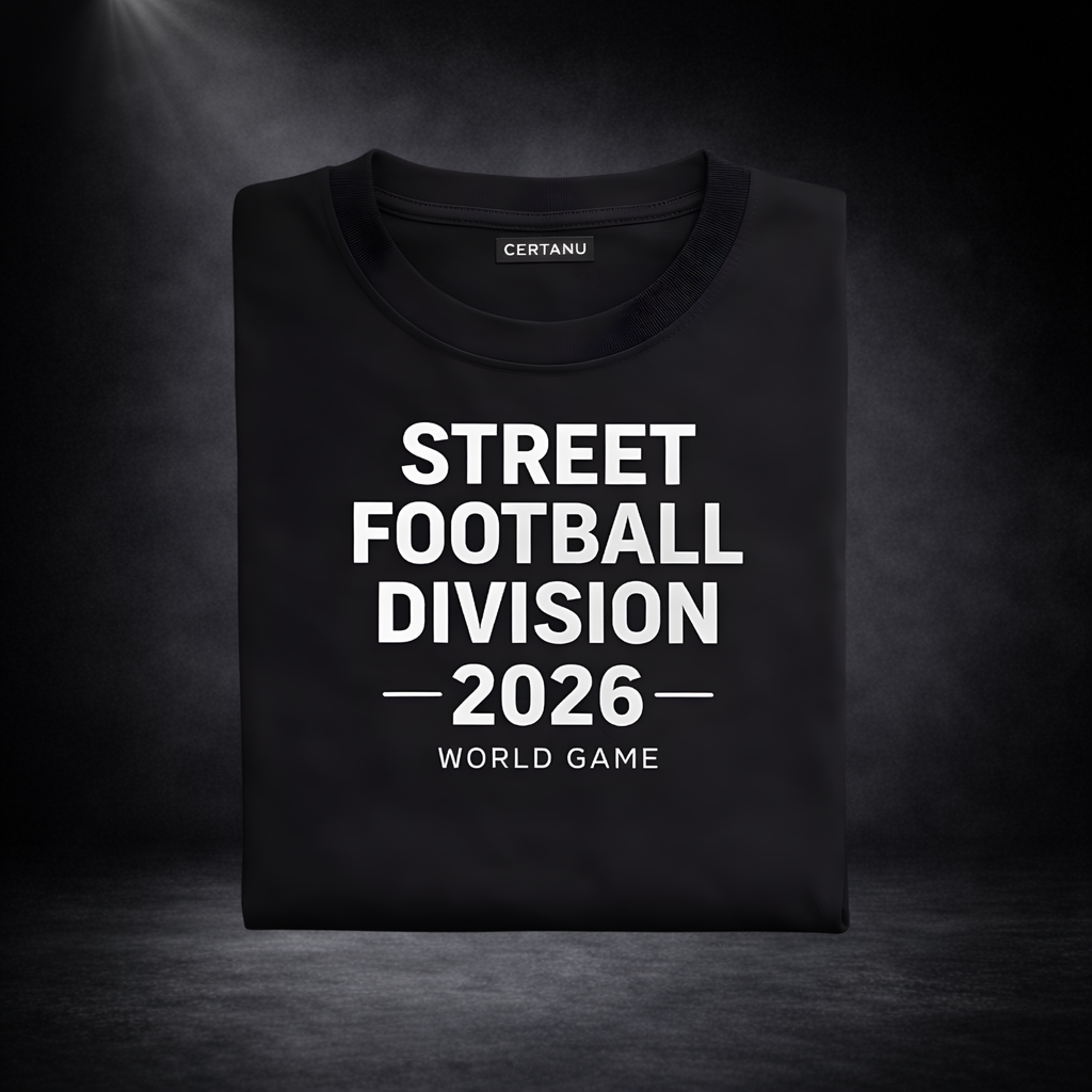Gefaltetes schwarzes T-Shirt mit weißem Aufdruck „STREET FOOTBALL DIVISION 2026 – WORLD GAME“ und sichtbarem CERTANU-Label, vor dunklem Studio-Hintergrund mit Spotlight