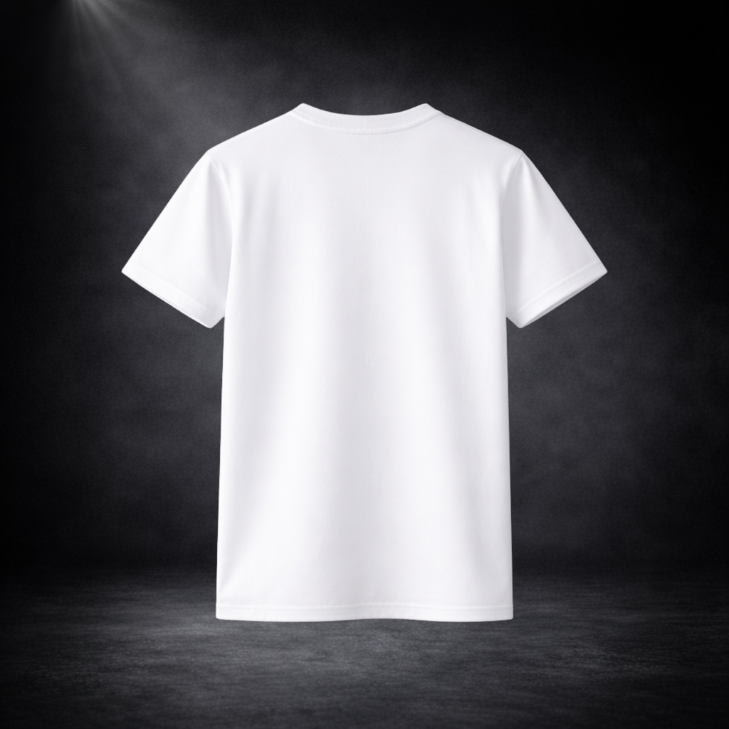 Weißes T-Shirt Rückansicht ohne Druck, schlichtes Herren Shirt für Fußball Fans, Basic Fanartikel für WM 2026, Studioaufnahme auf dunklem Hintergrund