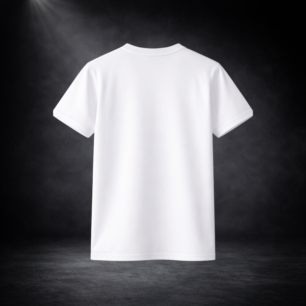 Weißes T-Shirt ohne Aufdruck, frontal freigestellt vor dunklem Studio-Hintergrund mit Spotlight, klare Produktdarstellung ohne Model