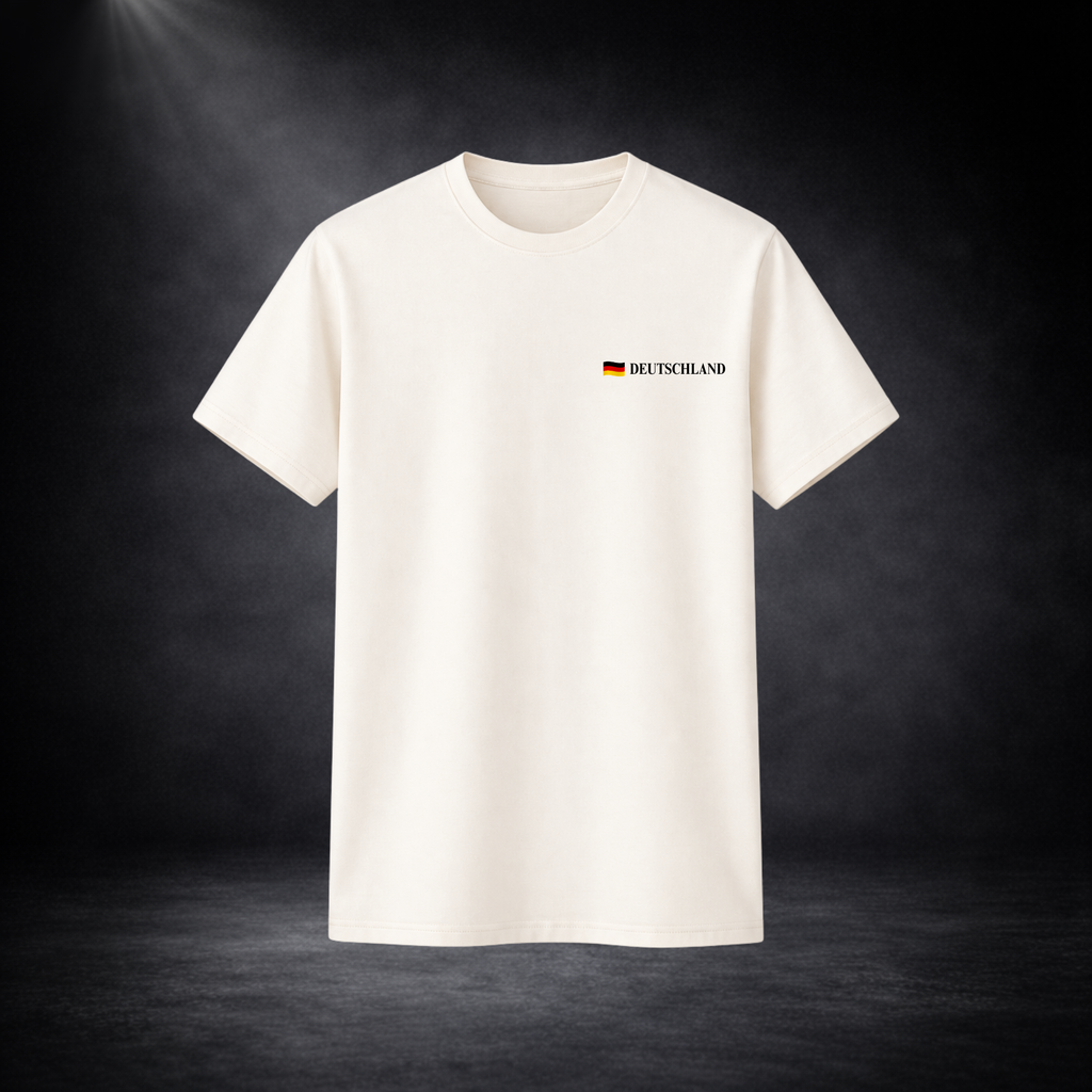 Beiges Deutschland T-Shirt mit kleinem Brustlogo und Flagge, minimalistisches Fußball Fan Design für WM 2026, freigestellt vor dunklem Studio Hintergrund
